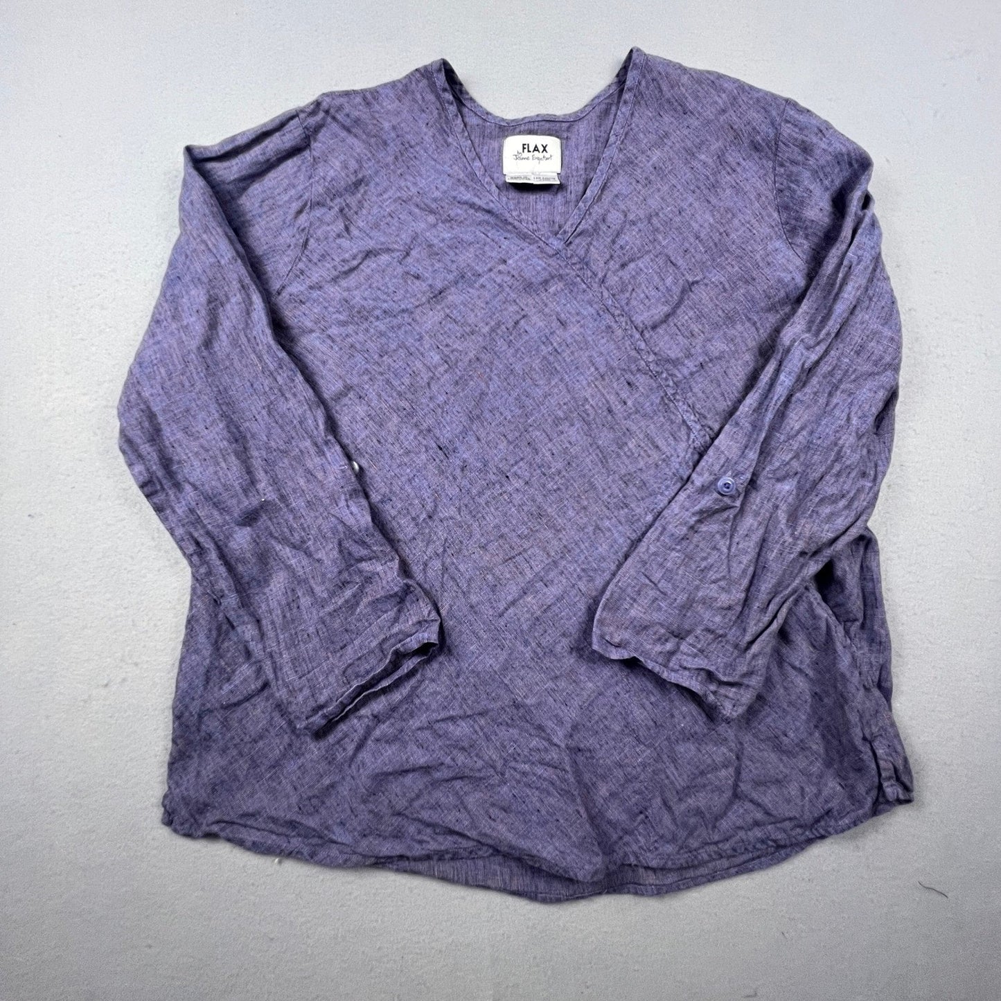 FLAX Linen Tunic Top Womens Large Purple Faux Wrap V-Neck Lagenlook Coastal Boho