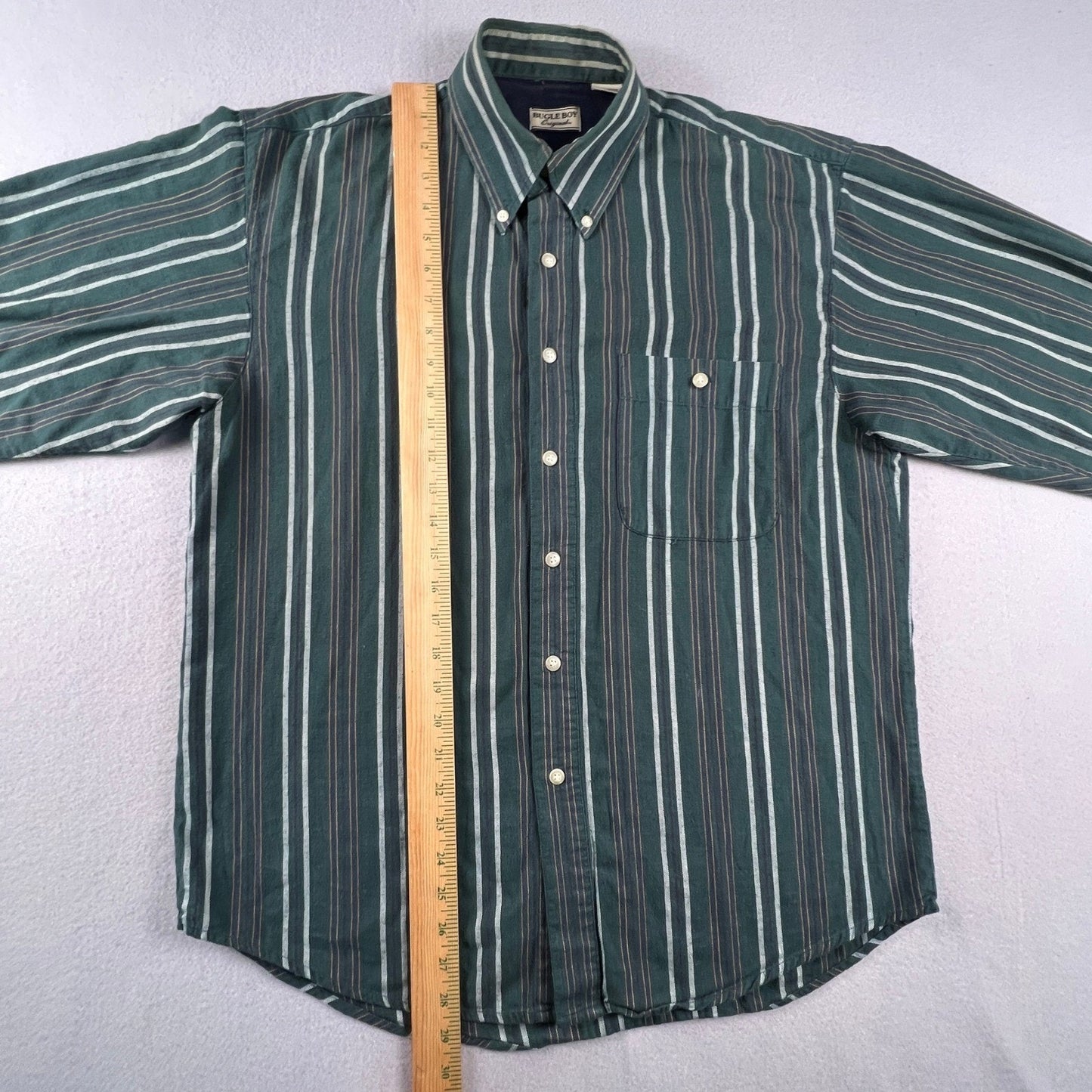 VTG Bugle Boy Button Down Shirt Mens Medium Green Striped Cotton Long Sleeve