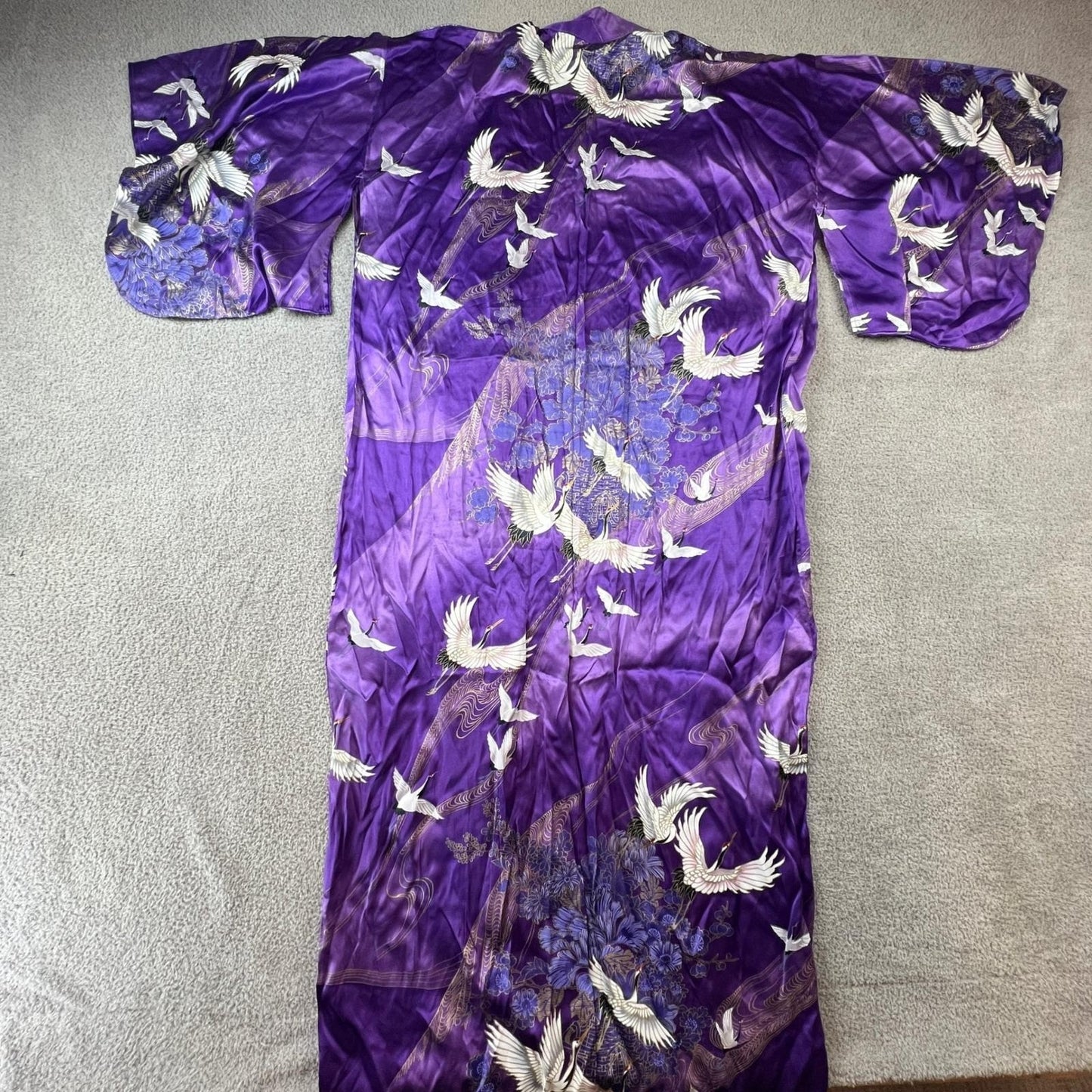 Japanese Silk Kimono Robe Purple Crane Floral Print Made in Japan OS Vintage