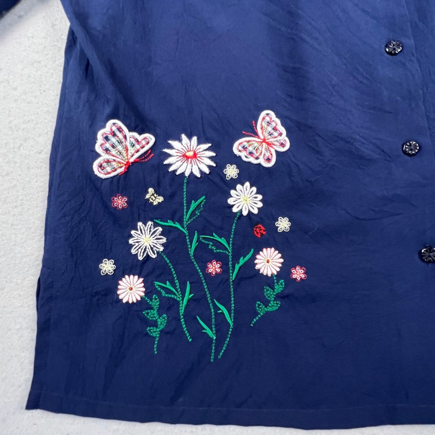 BonWorth Button Up Shirt Womens M Navy Blue Floral Butterfly Gingham Trim Granny