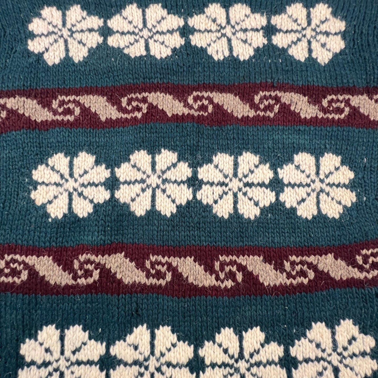 Hand Knit Nordic Snowflake Sweater Mens XL Teal Wool Blend Fair Isle Cabin Core