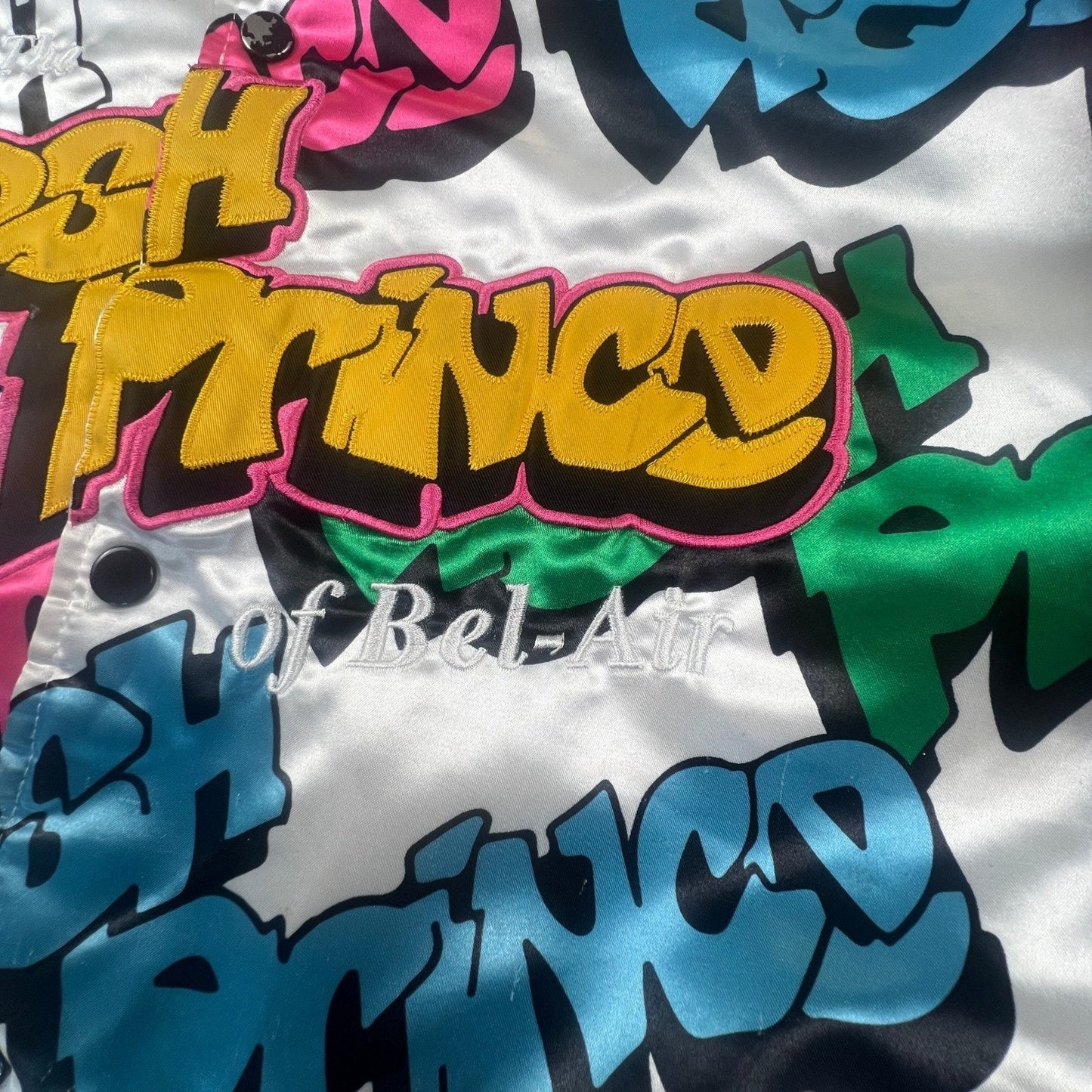 Headgear Classics Fresh Prince Jacket Mens XL White Graffiti Satin Bomber 90s