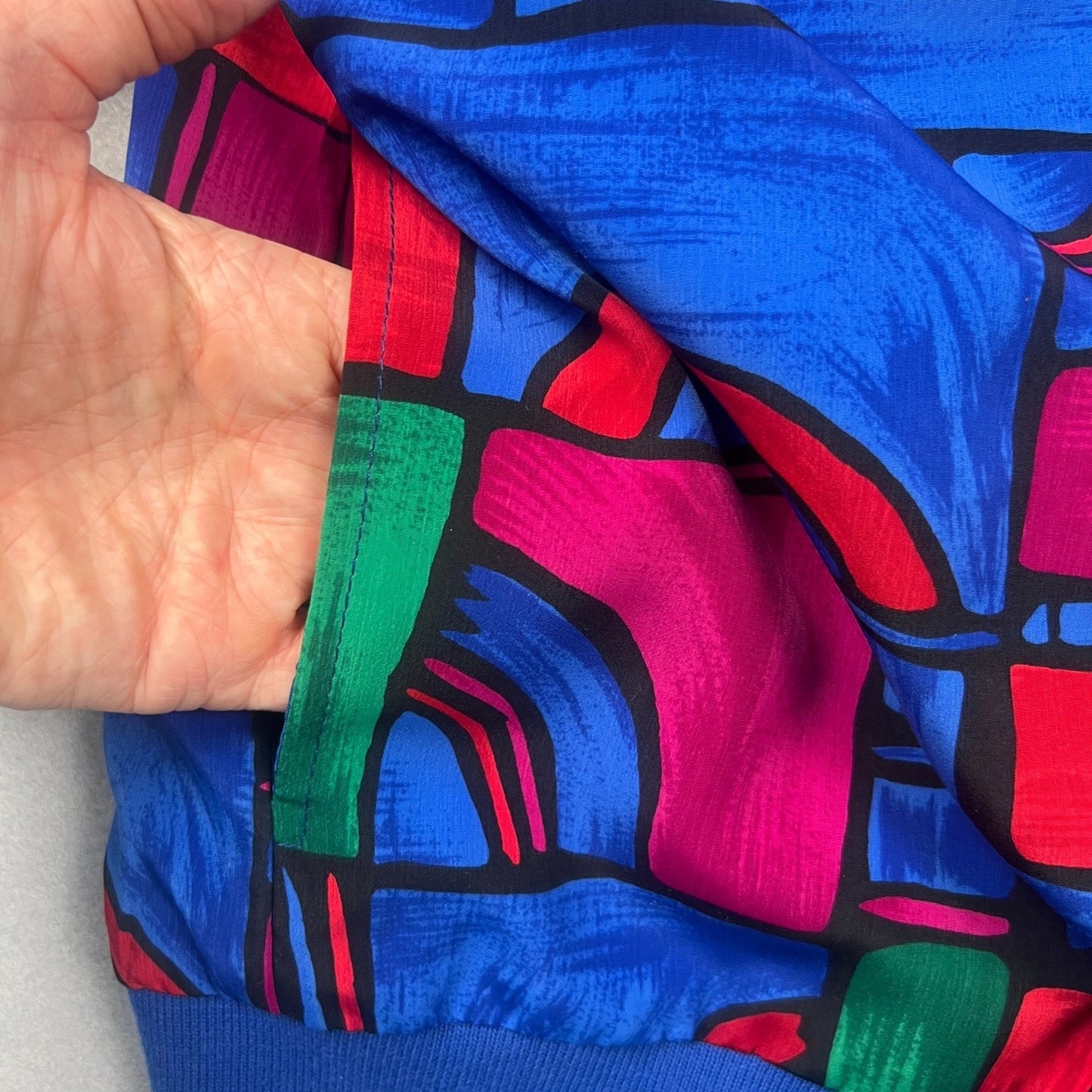 VTG Retro 90s Teddi Bomber Jacket Womens Large Blue Abstract Geometric Zip Up