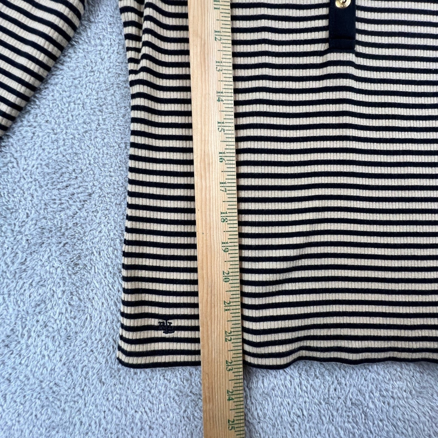 Lauren Ralph Lauren Henley Top Womens Medium Tan Navy Striped Ribbed Knit Preppy