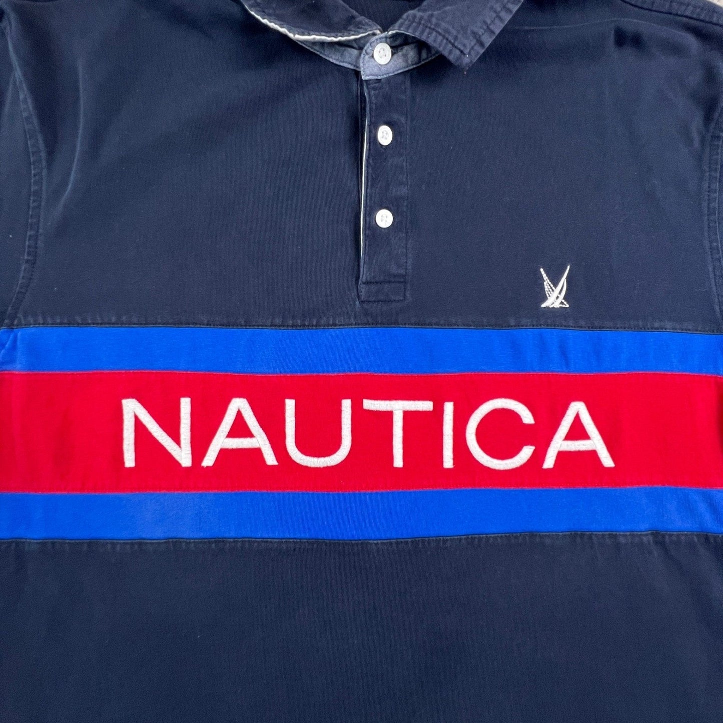 Nautica Long Sleeve Rugby Shirt Mens XXL Blue Sail Colorblock Navy Blue Red Y2K