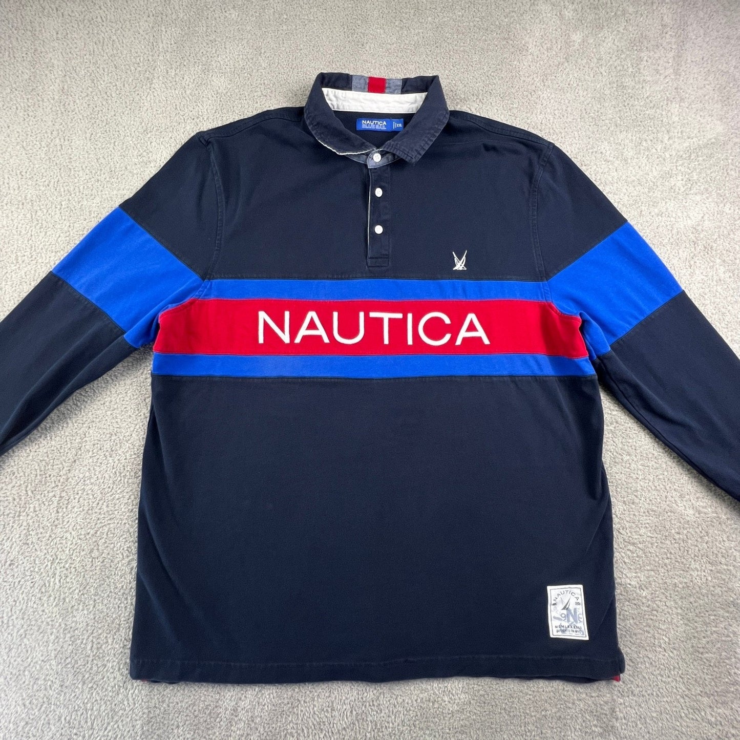 Nautica Long Sleeve Rugby Shirt Mens XXL Blue Sail Colorblock Navy Blue Red Y2K