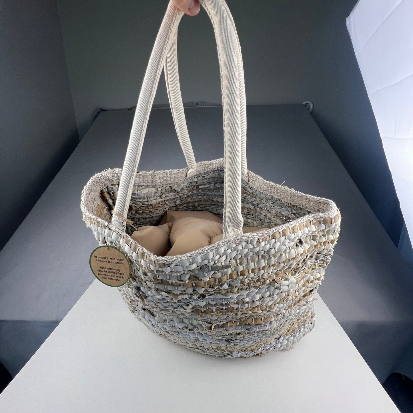 Handcrafted Upcycled Woven Tote Bag Large Neutral Boho Eco-Friendly Beach Travel