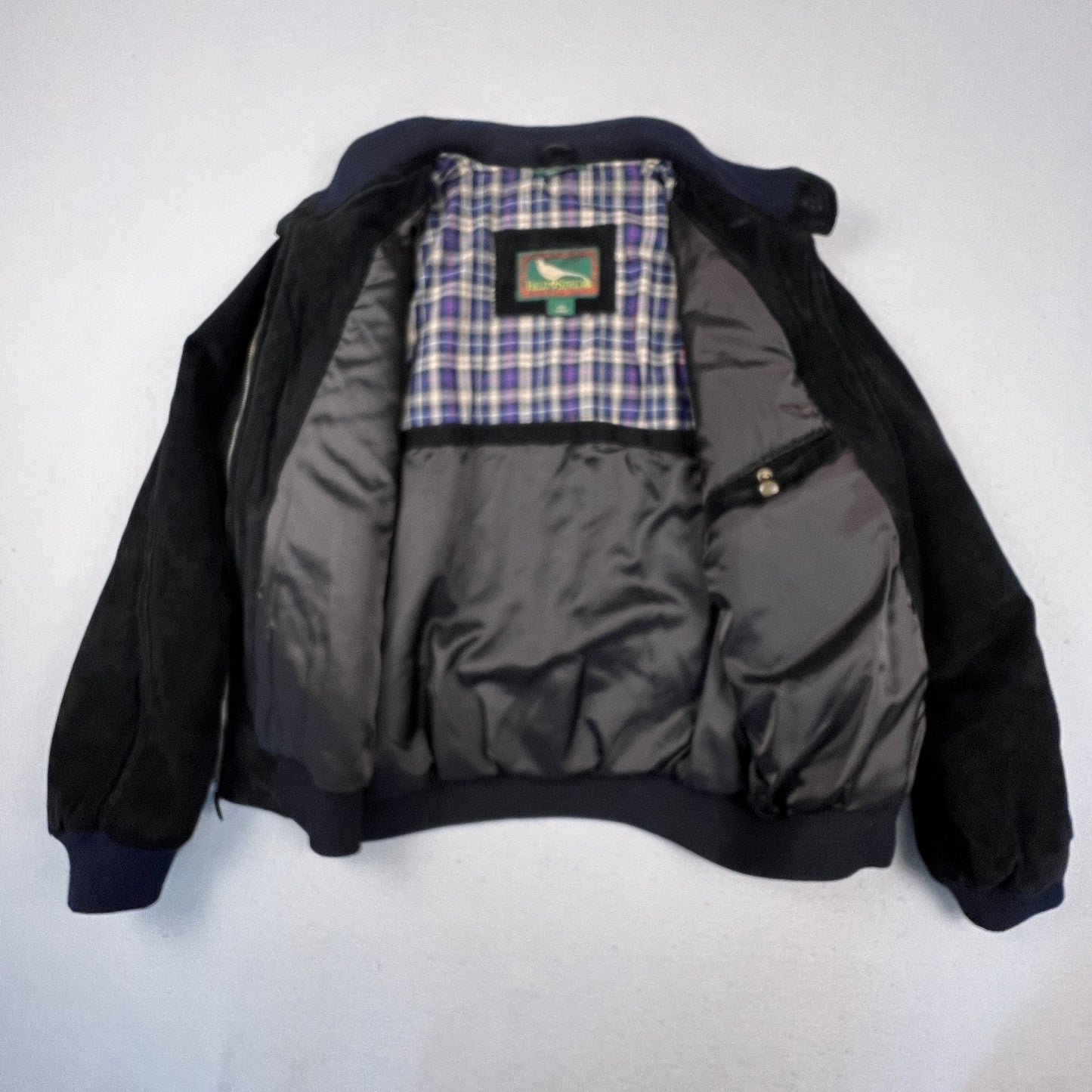 Field & Stream Leather Bomber Jacket Mens Large Black Suede Plaid Lined Outdoor