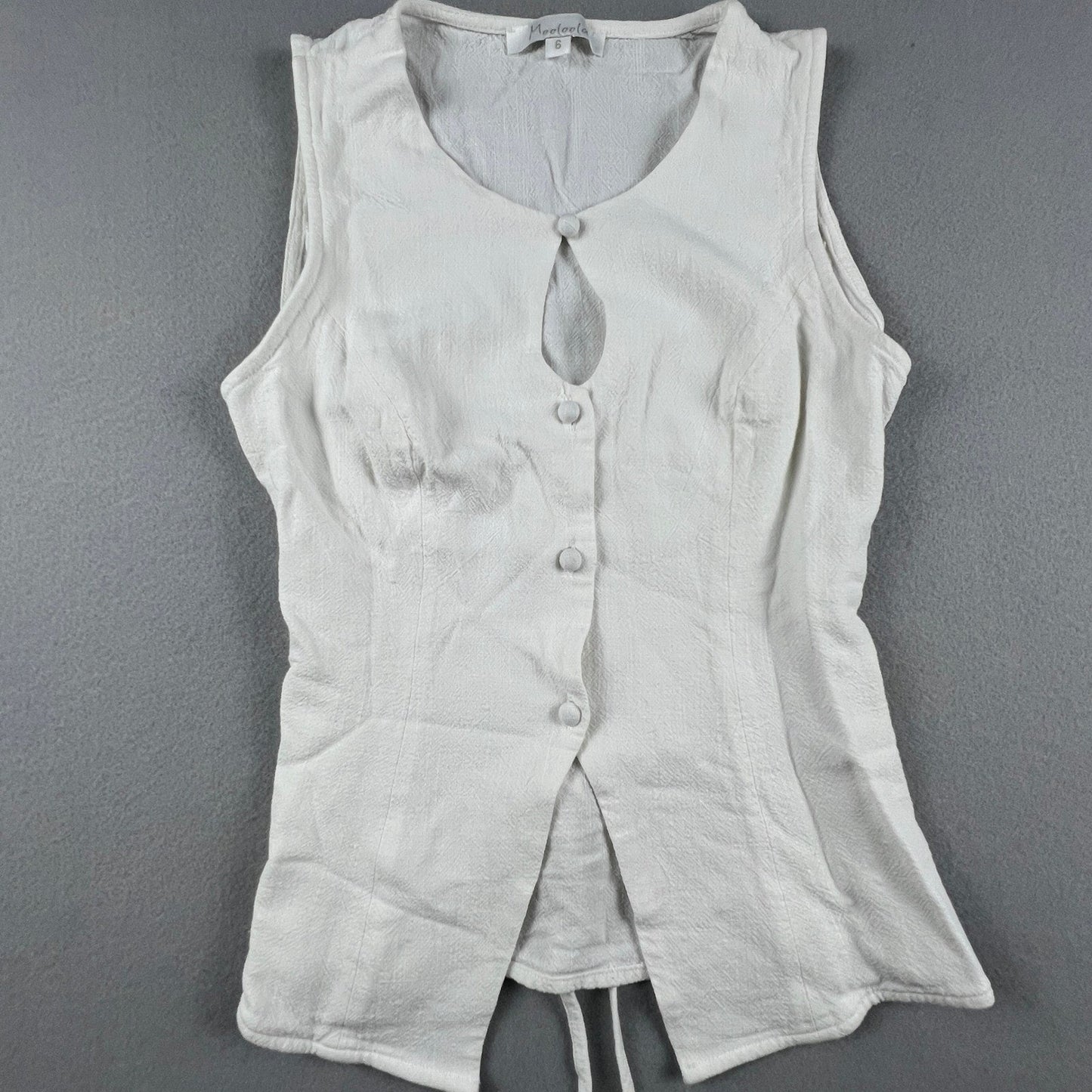 Button Front Vest Top Womens 6 White Keyhole Tie Back Textured Summer Boho