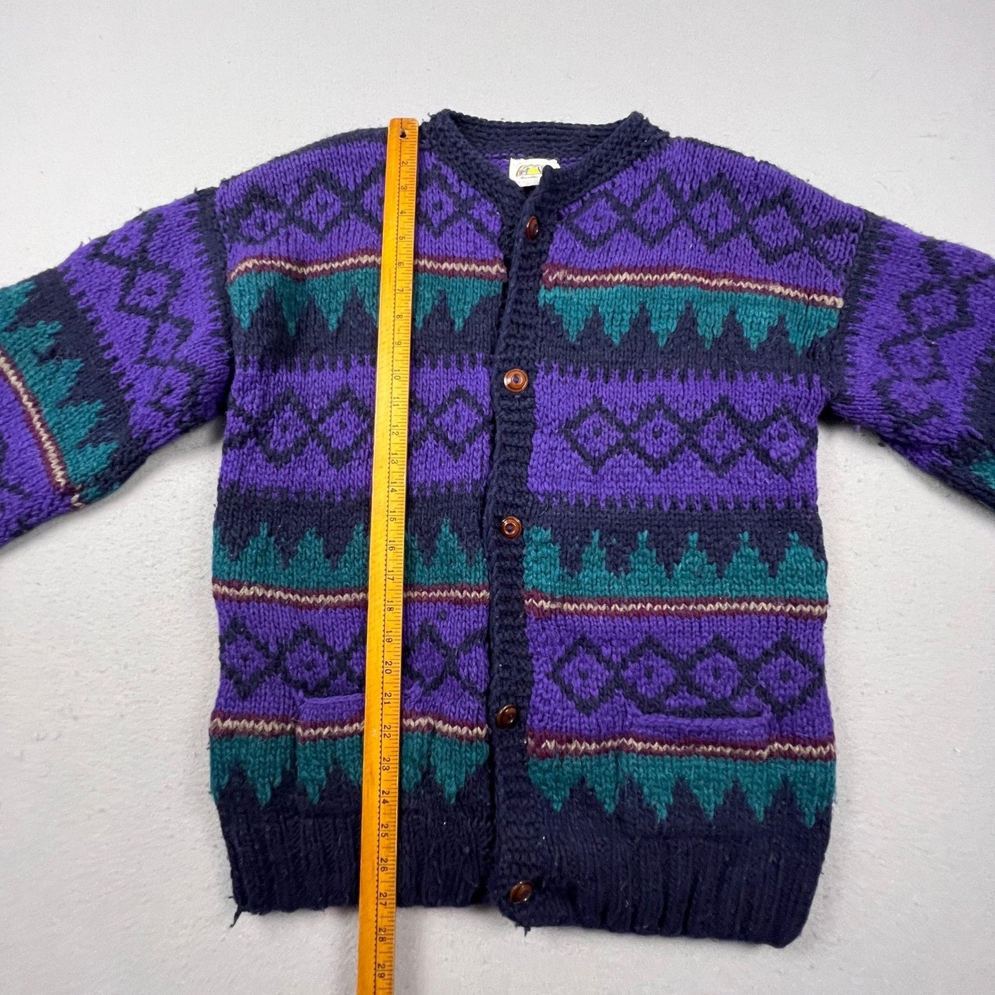 Rainbow Crafts Cardigan Mens L Purple Merino Wool Geometric Knit Ecuador Boho