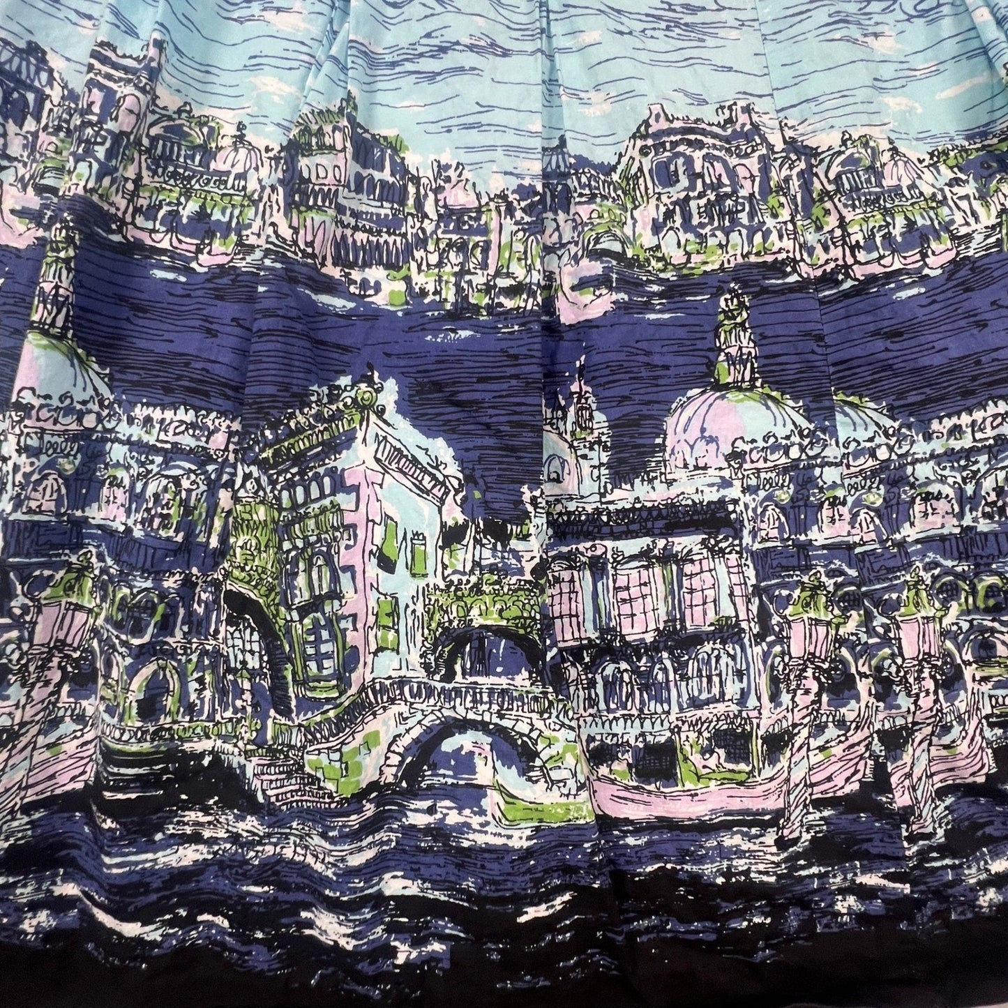 Talbots Pleated Skirt Womens 10 Blue Venice Cityscape Print A-Line Knee Length
