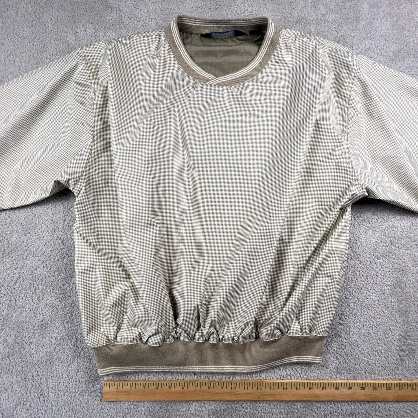 Tri-Mountain Windbreaker Pullover Mens Large Tan Houndstooth V-Neck Golf Jacket