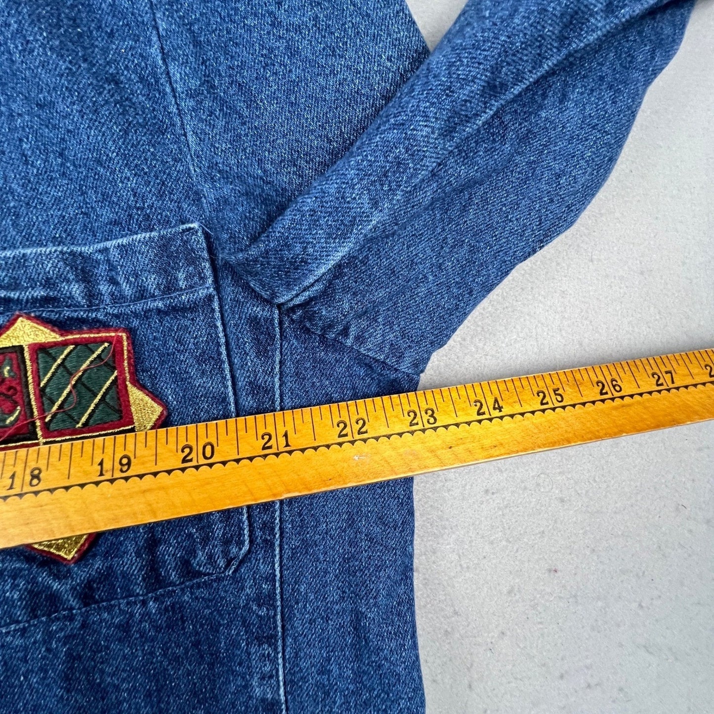 Spiegel For You Denim Blazer Women 1X Crest Patch Preppy VTG Jacket Academia