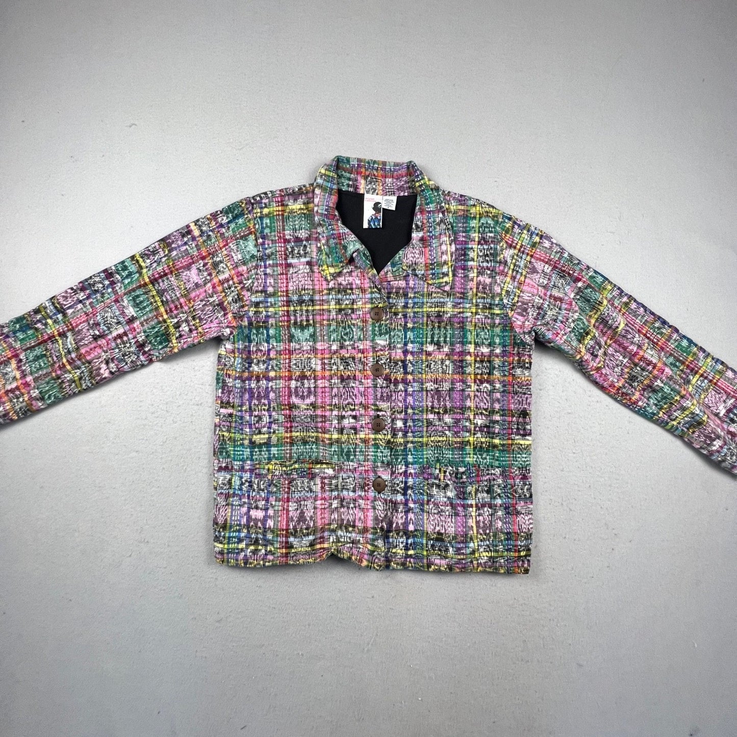 Recycled Traditions Ikat Plaid Jacket Womens S Multi Color Woven Boho Art Wear