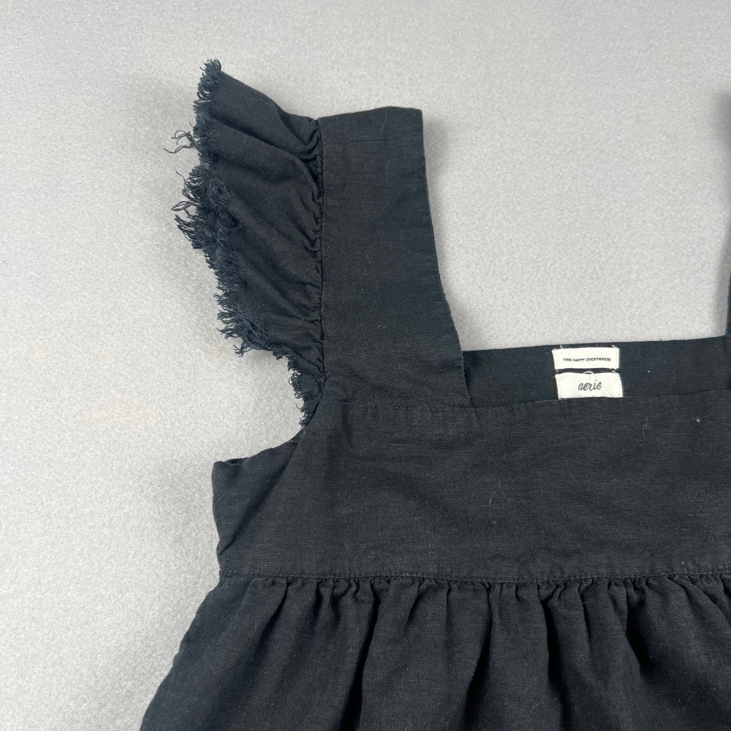 Linen Blend Babydoll Dress XS Black Ruffle Fringe Boho Mini Pocket Resort Aerie