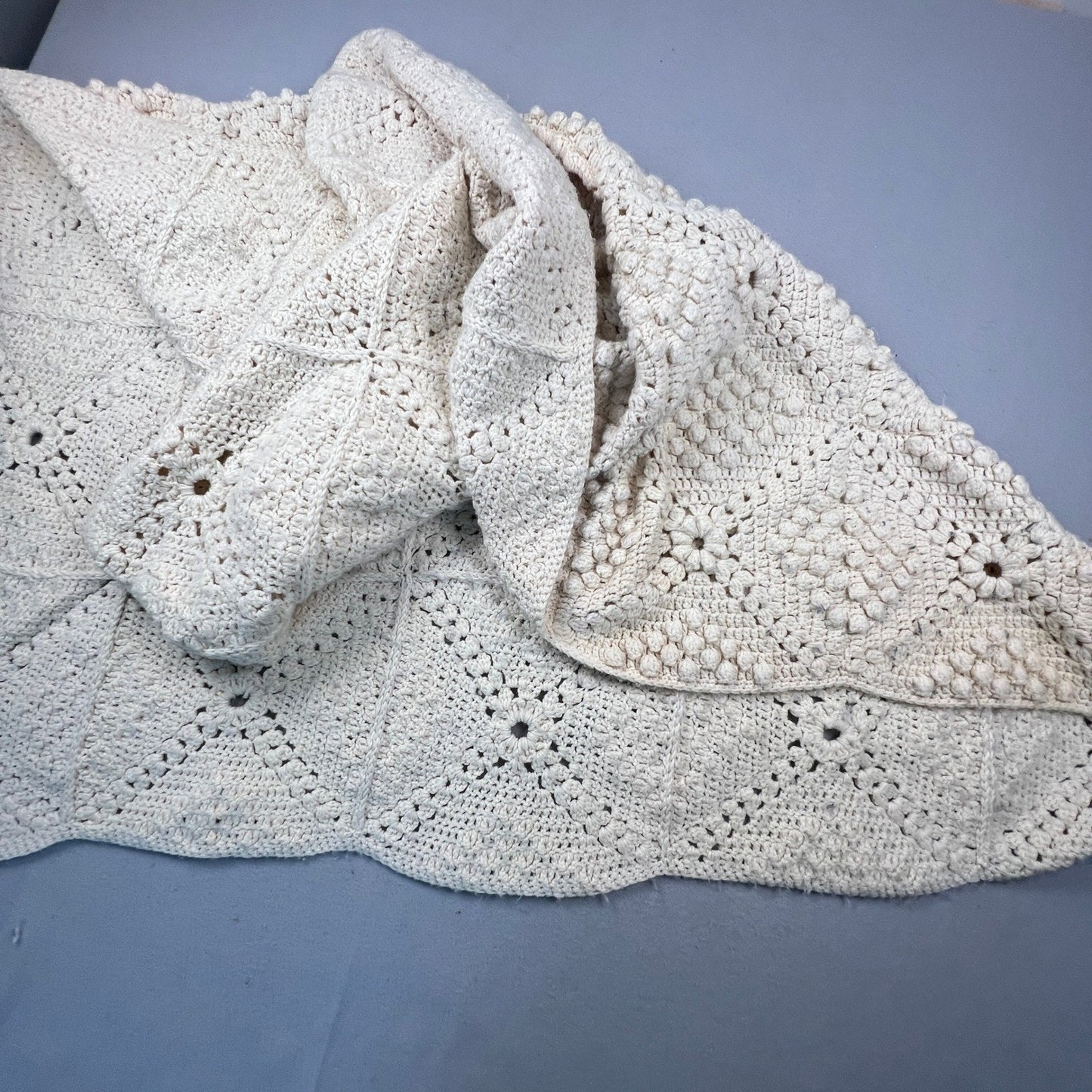 Handmade Crochet Popcorn Stitch Afghan Blanket 72x58 Cream Boho Farmhouse VTG