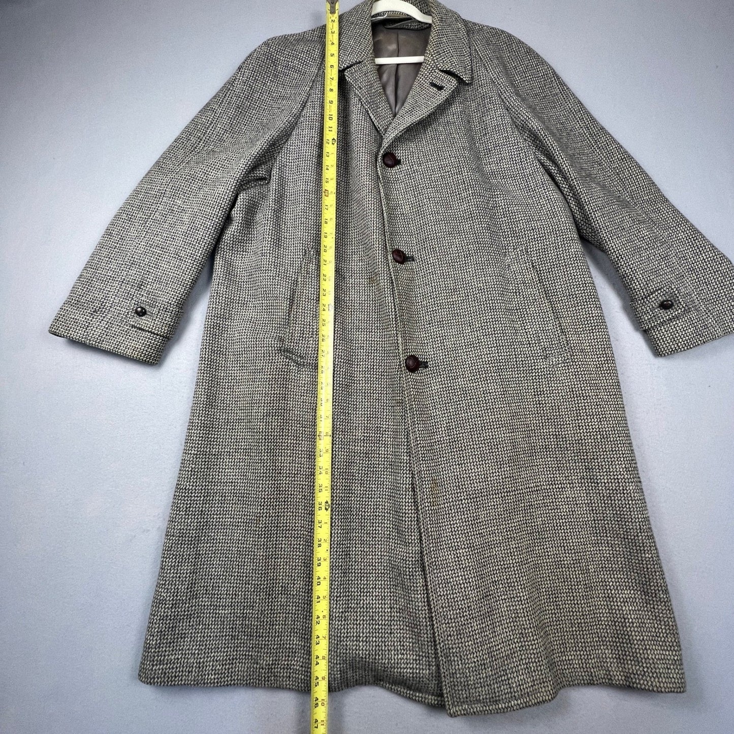 Harris Tweed Overcoat Mens XL Grey Handwoven Pure Scottish Wool Trench Coat VTG
