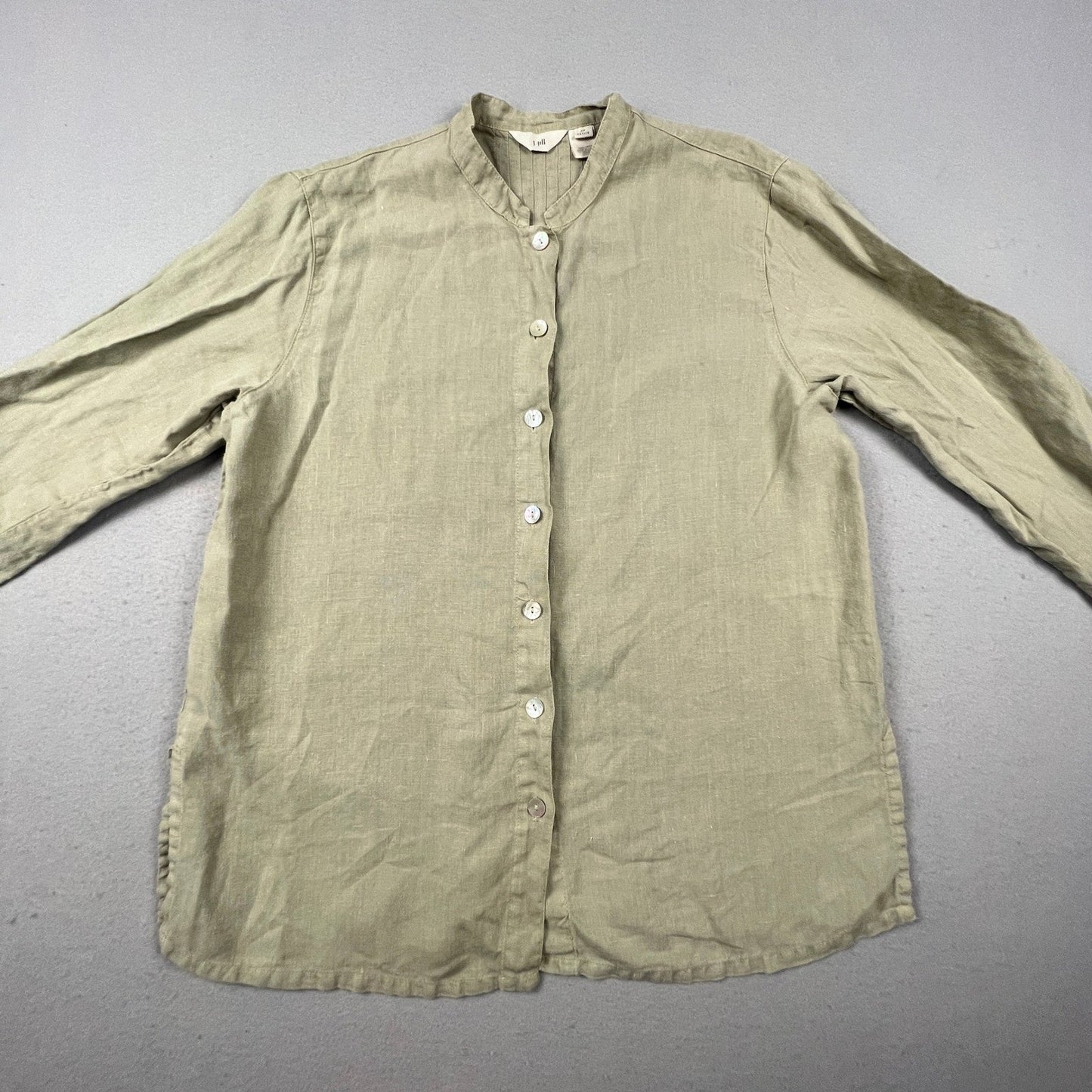 J. Jill Linen Button Down Tunic Womens MP Petite Green Pleated Back Coastal Boho