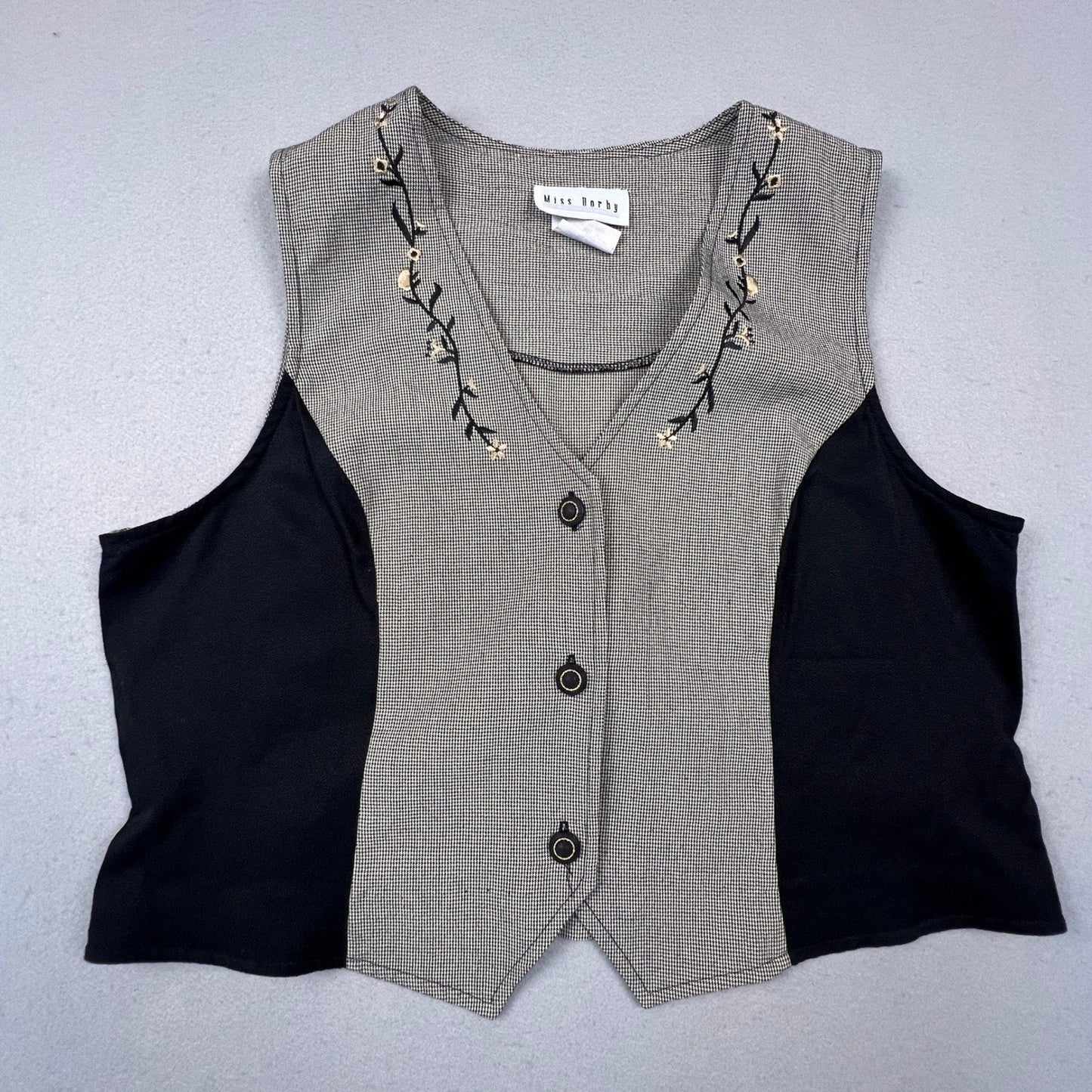 VTG 90s Miss Dorby Vest Women 14 Black White Houndstooth Embroidered Floral