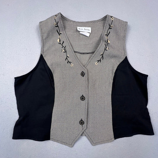 VTG 90s Miss Dorby Vest Women 14 Black White Houndstooth Embroidered Floral