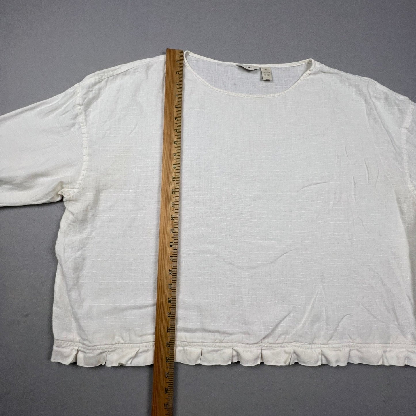 J. Jill Linen Blouse Women XL White Ruffle Hem 3/4 Sleeve Casual Relaxed Boho