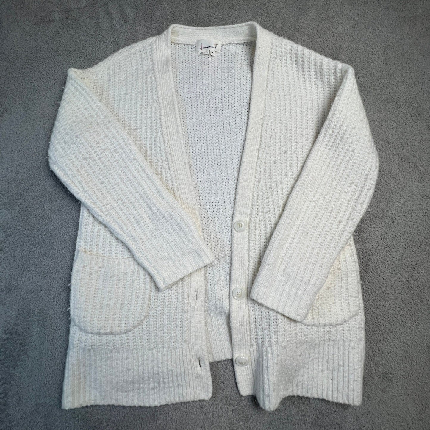 Anthropologie Cardigan Extra Small Merino Wool Blend Chunky Knit Cream Pockets