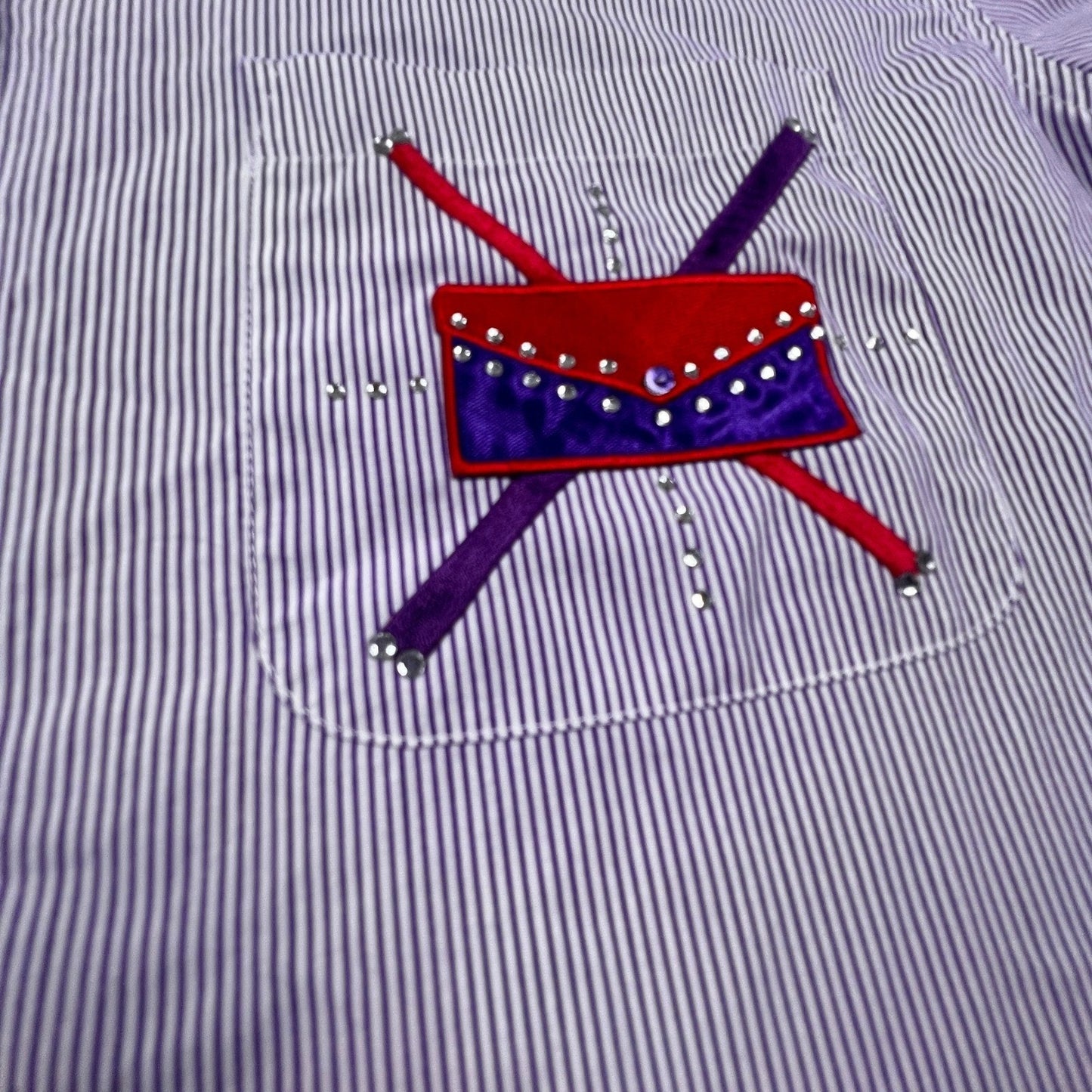VTG Las Olas Button Down Shirt Womens L Purple Pinstripe Rhinestone Fashion Art