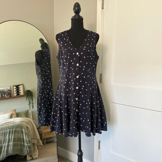 Floral Mini Dress Womens Medium Navy Blue Button Front Casual Universal Thread