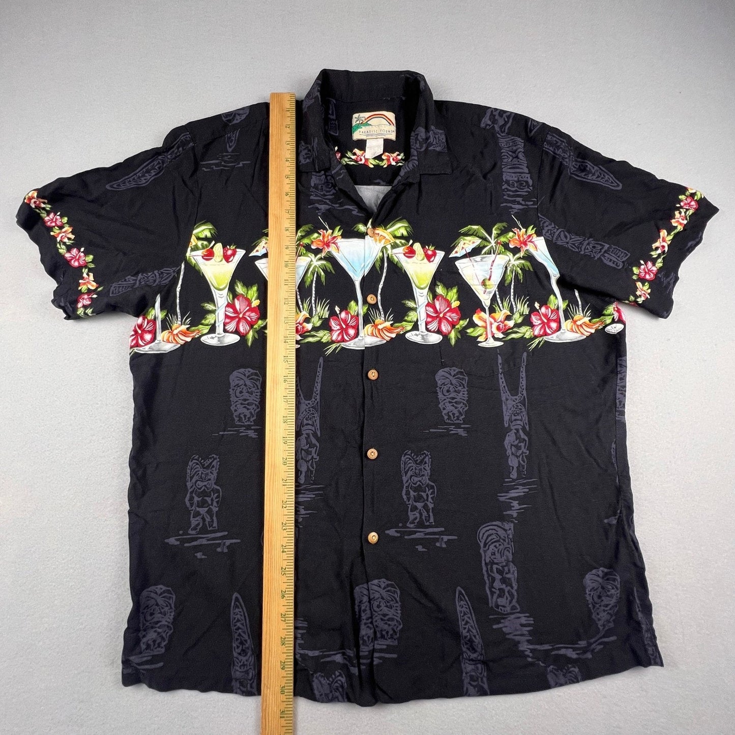 Paradise Found Button Up Shirt XL Black Tiki Cocktail Tropical Hawaiian Aloha