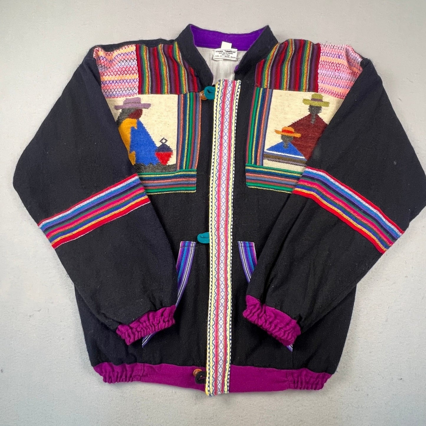 Artesanias Tahuantinsuyo Wool Jacket Mens XL Black Folk Art Otavalo Ecuador Boho