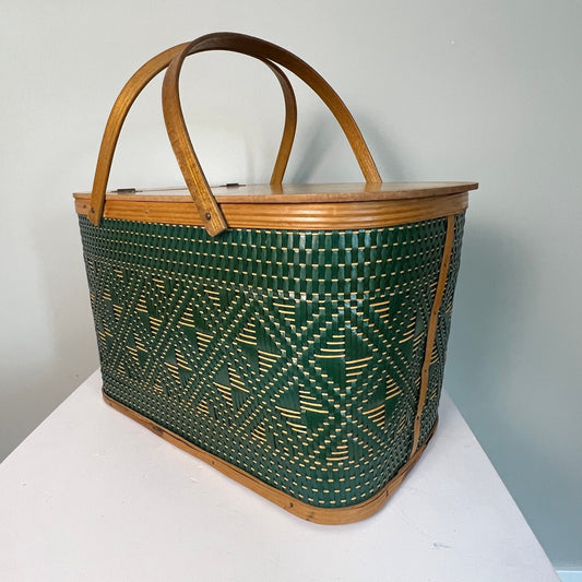 VTG 60s Hawkeye Picnic Basket Green Woven Wood Lid Mid Century Retro Decor