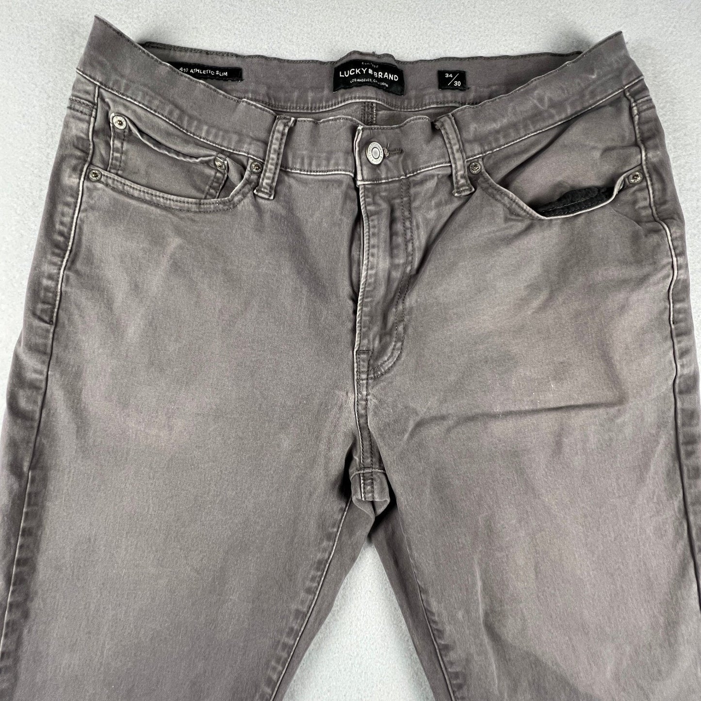 Lucky Brand 410 Athletic Slim Pants Mens 34x30 Gray Stretch Casual Chino Denim