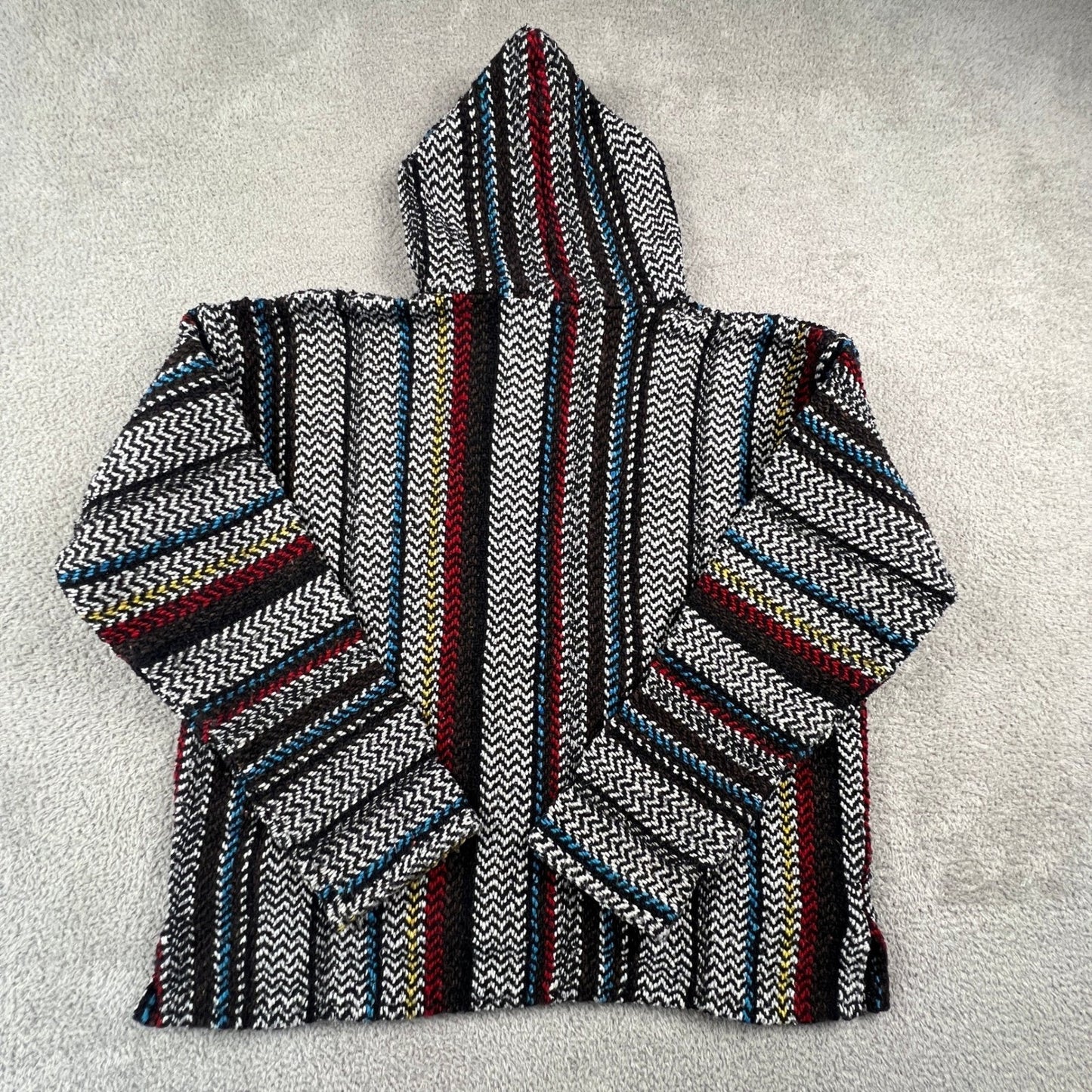 Baja Joe Hoodie Mens Small Striped Mexican Drug Rug Boho Surfer Pullover