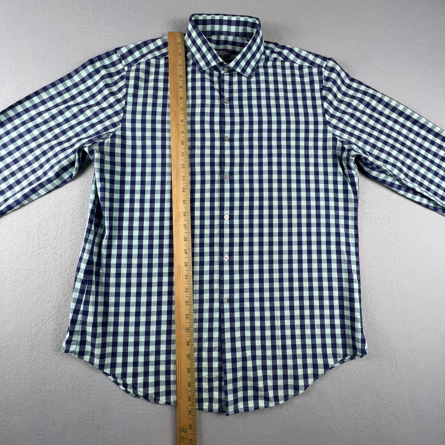Van Heusen Button Down Shirt Men 16-16.5 Gingham Slim Fit Wrinkle Free Office