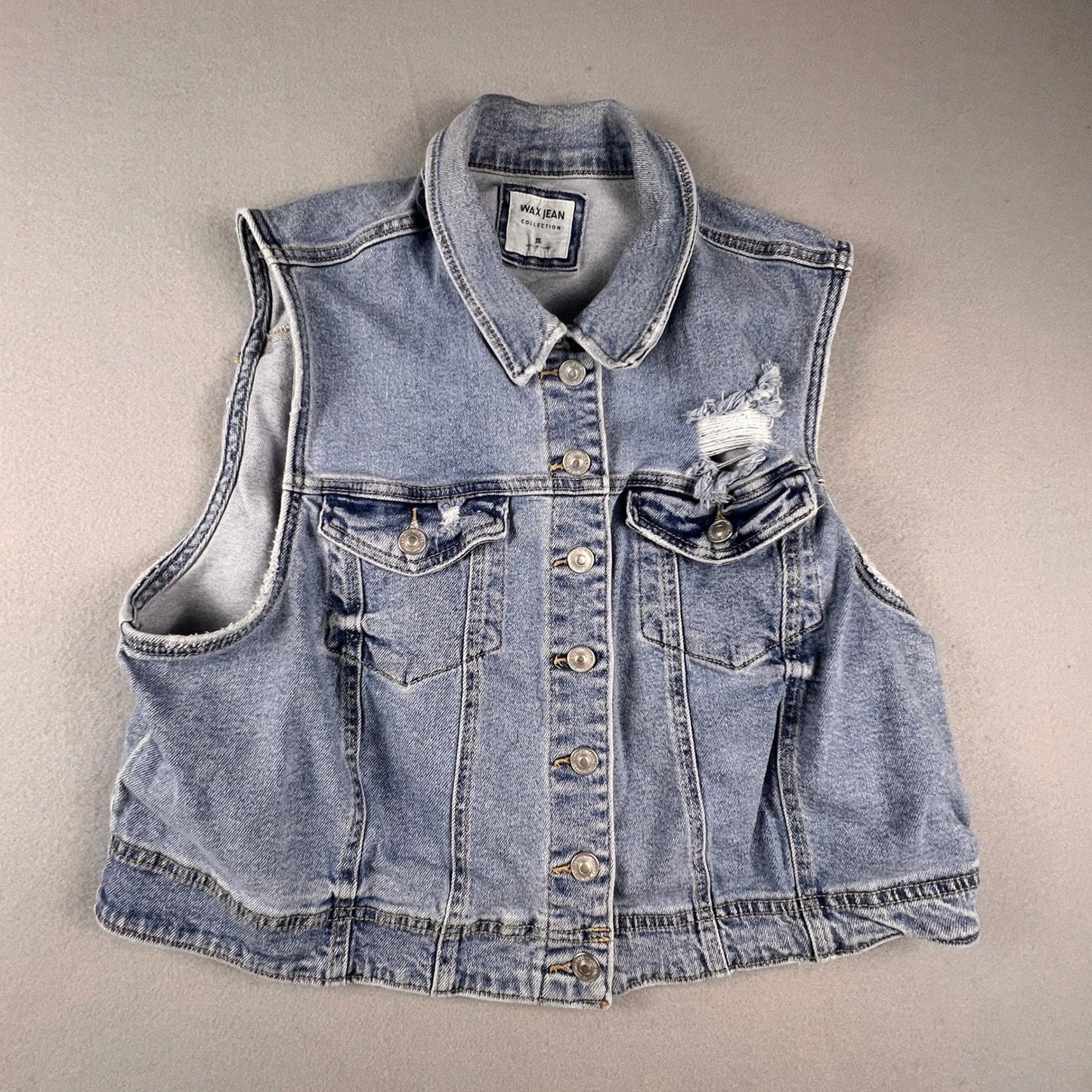 Wax Jean Denim Vest Women 3XL Blue Distressed Cropped Jean Jacket Sleeveless