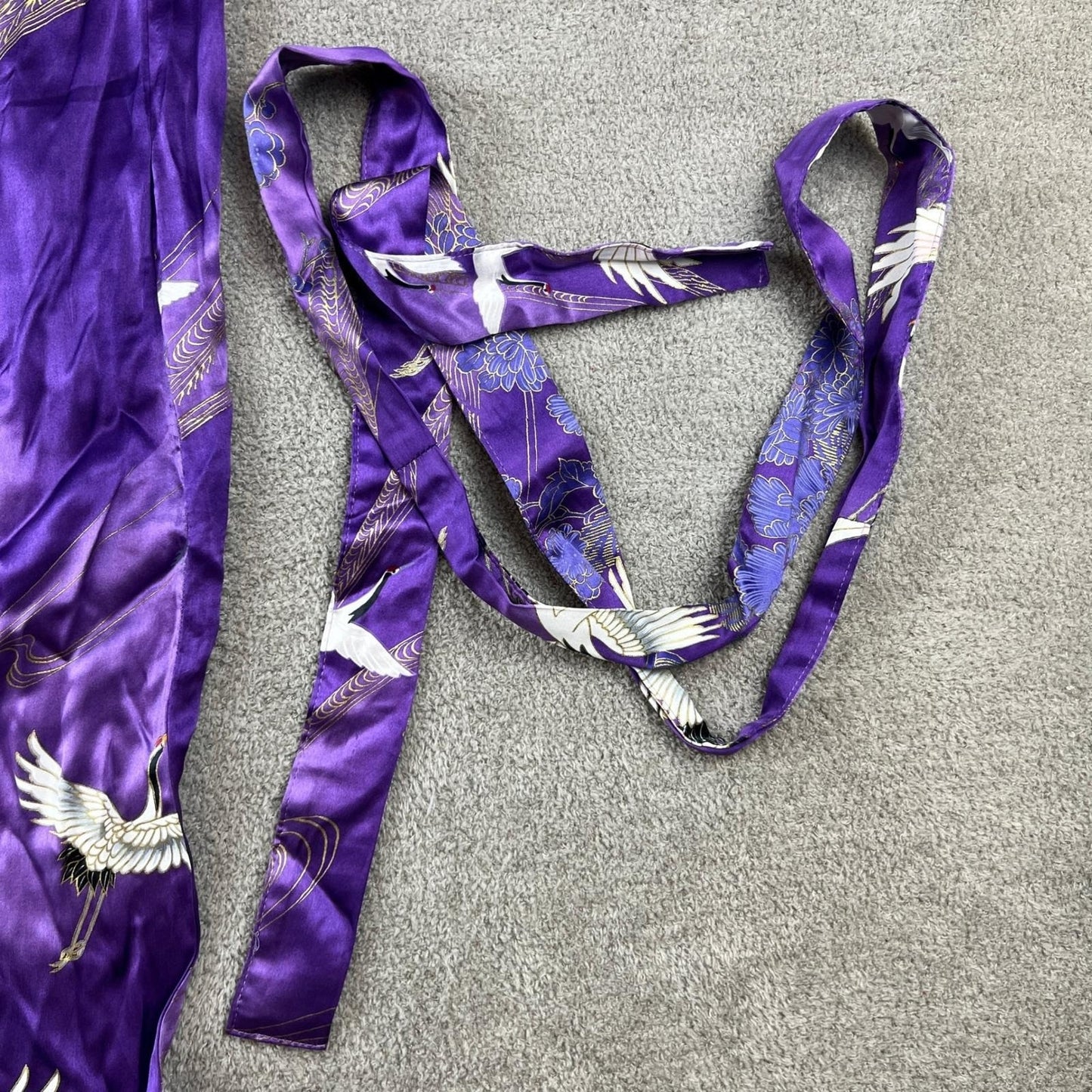 Japanese Silk Kimono Robe Purple Crane Floral Print Made in Japan OS Vintage