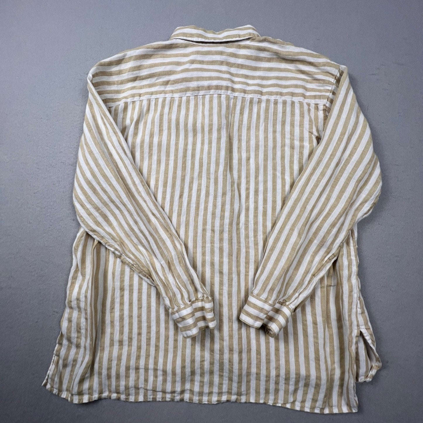 J. Jill Love Linen Button Down Shirt Womens Medium Tan Striped Coastal Classic
