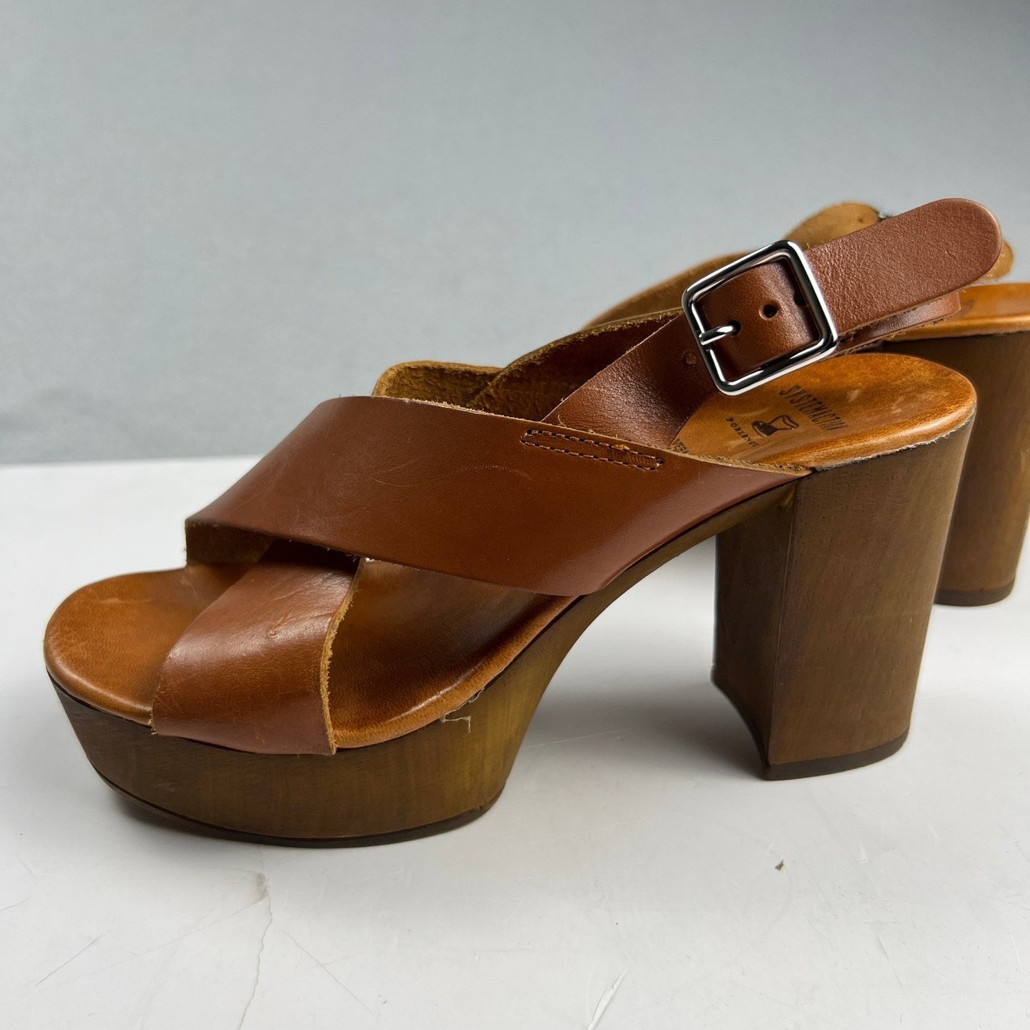 Brown Leather Wood Block Heel Boho Retro Platform Sandals Made in Italy Size 7