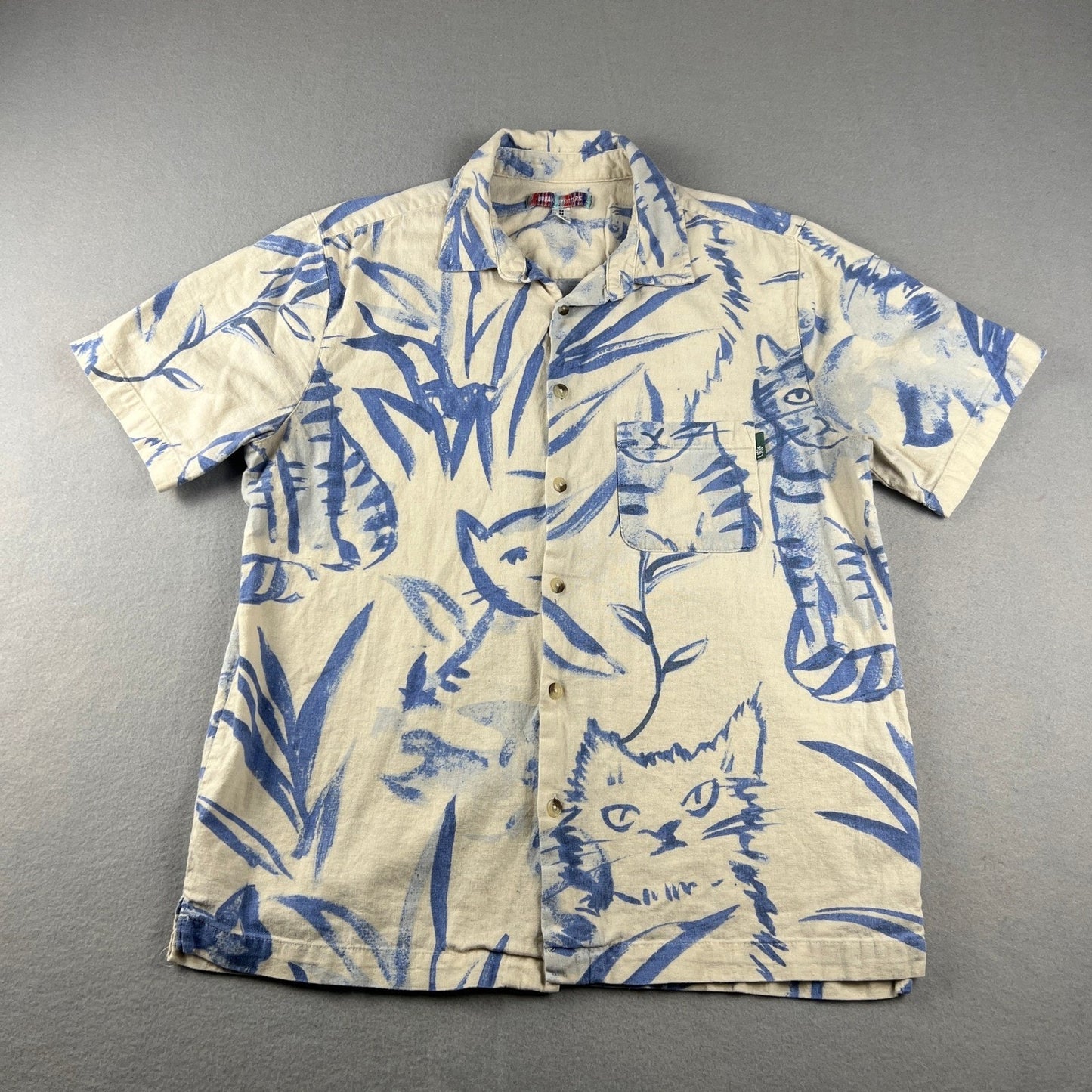 Urban Outfitters Cat Print Shirt Mens Medium Blue Cream Linen Blend Short Sleeve