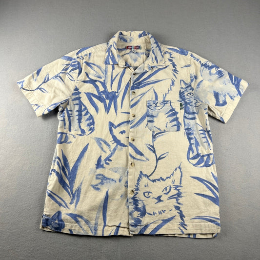Urban Outfitters Cat Print Shirt Mens Medium Blue Cream Linen Blend Short Sleeve