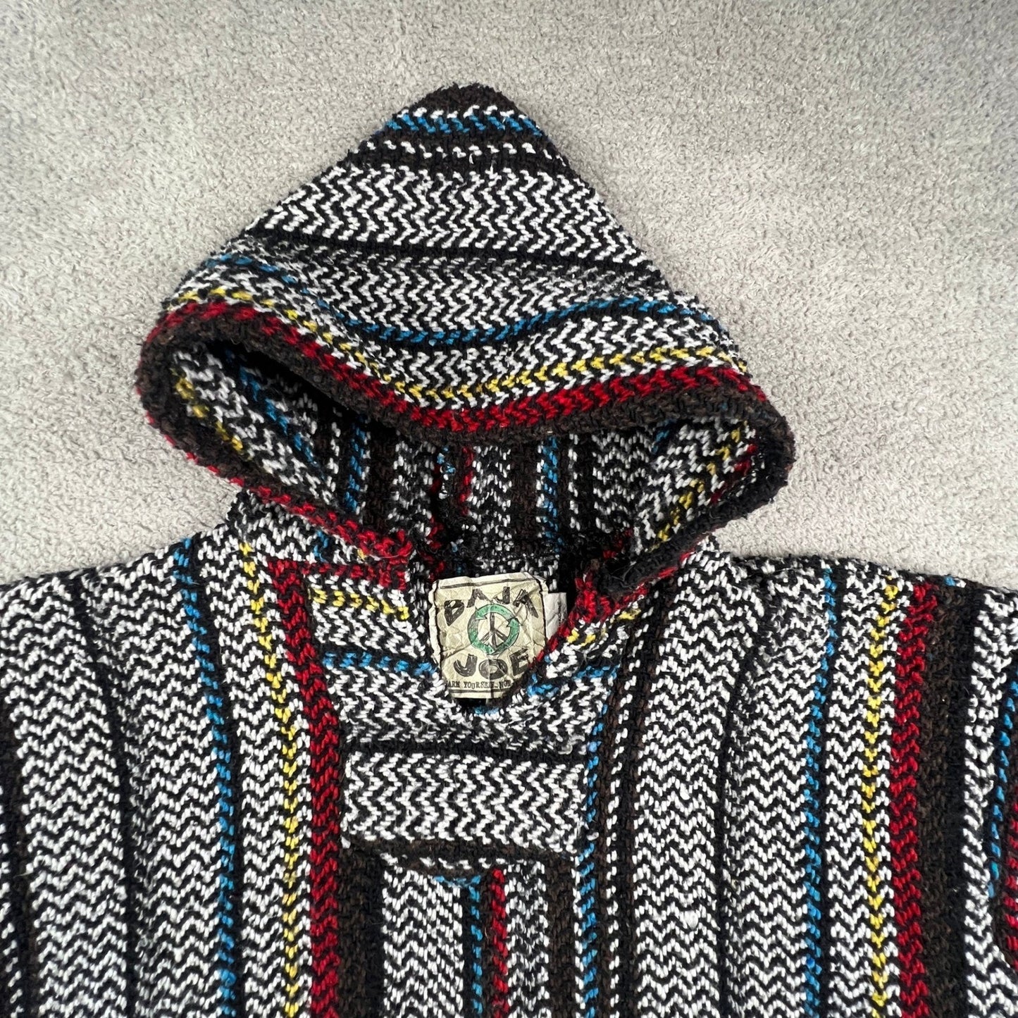 Baja Joe Hoodie Mens Small Striped Mexican Drug Rug Boho Surfer Pullover