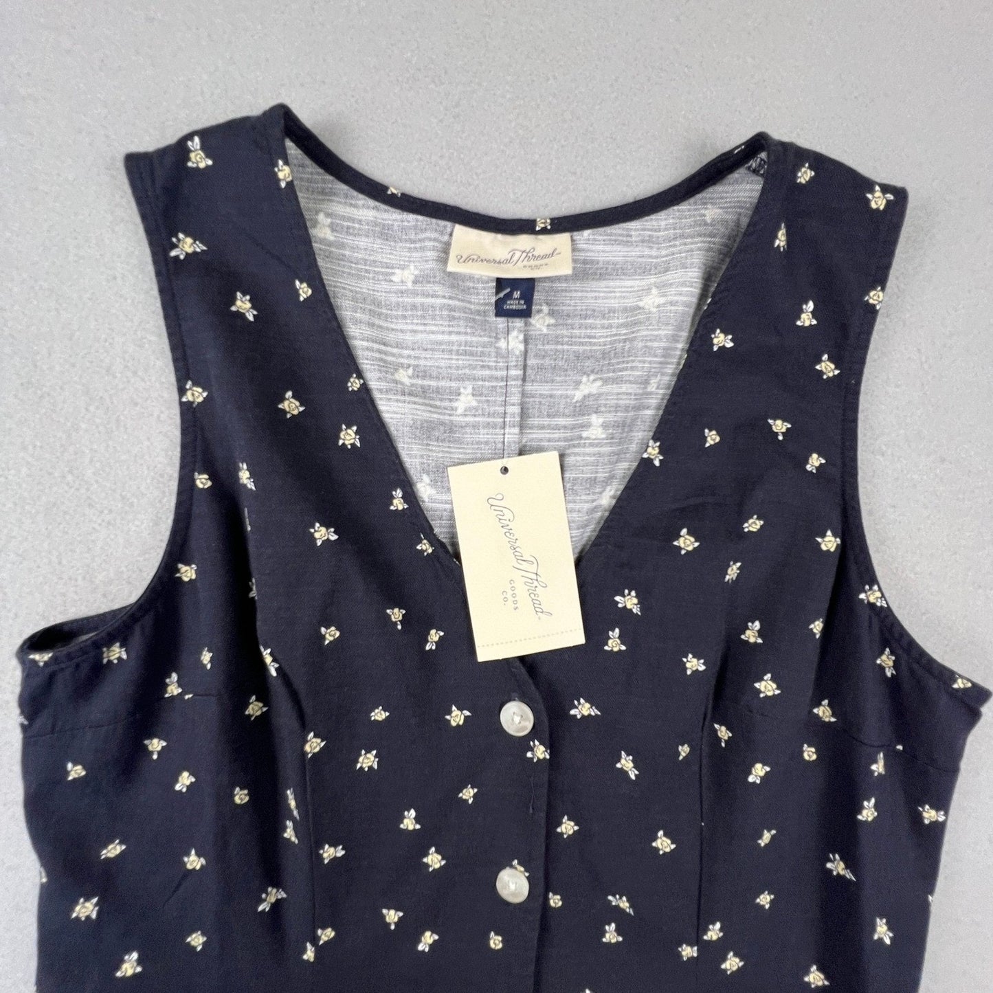 Floral Mini Dress Womens Medium Navy Blue Button Front Casual Universal Thread