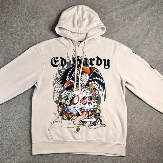 Y2K Ed Hardy Hoodie Eagle Skull Snake Flames Mens Size Medium White Sweatshirt