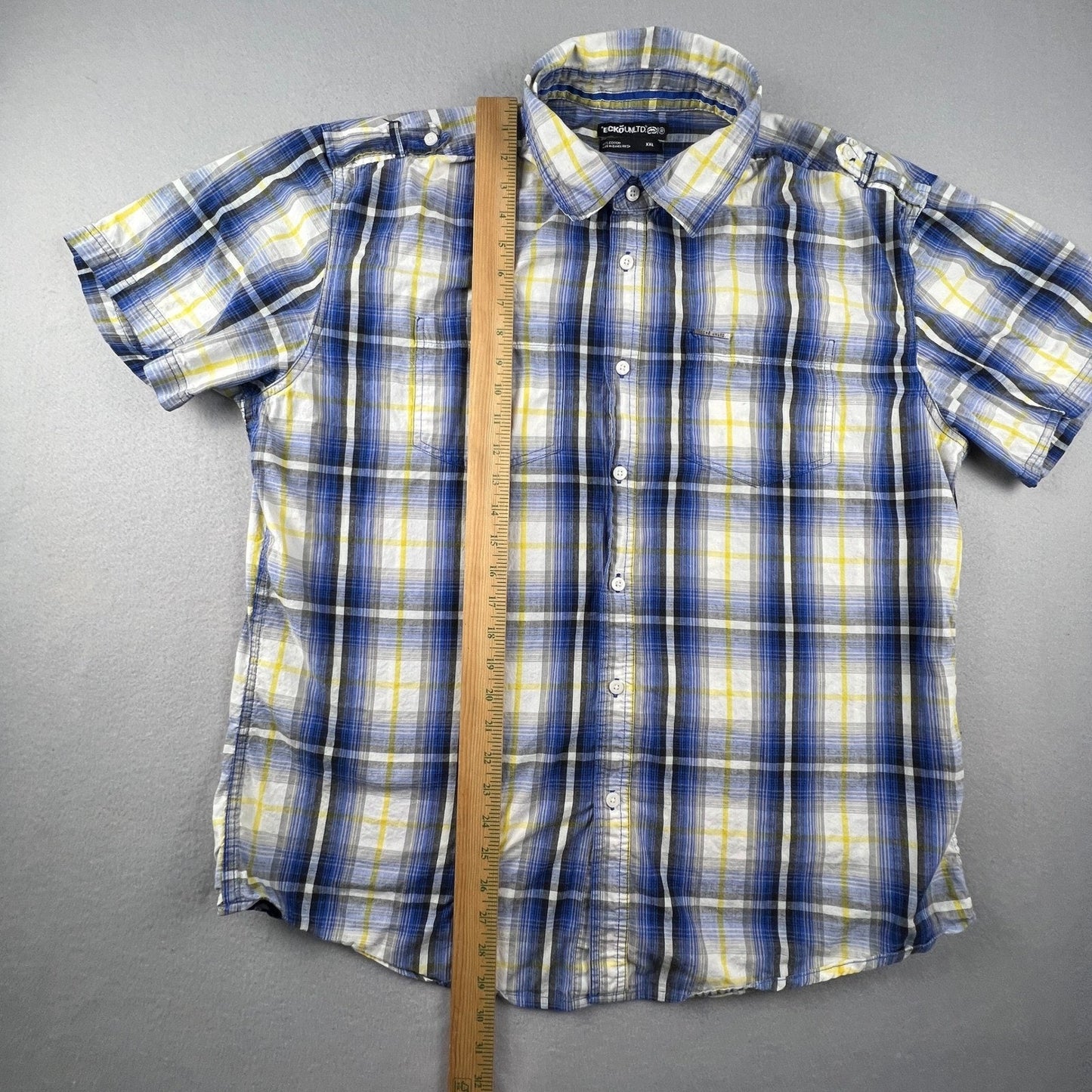 Ecko Unltd Button Down Shirt Mens XXL Blue Yellow Plaid Short Sleeve Urban Y2K