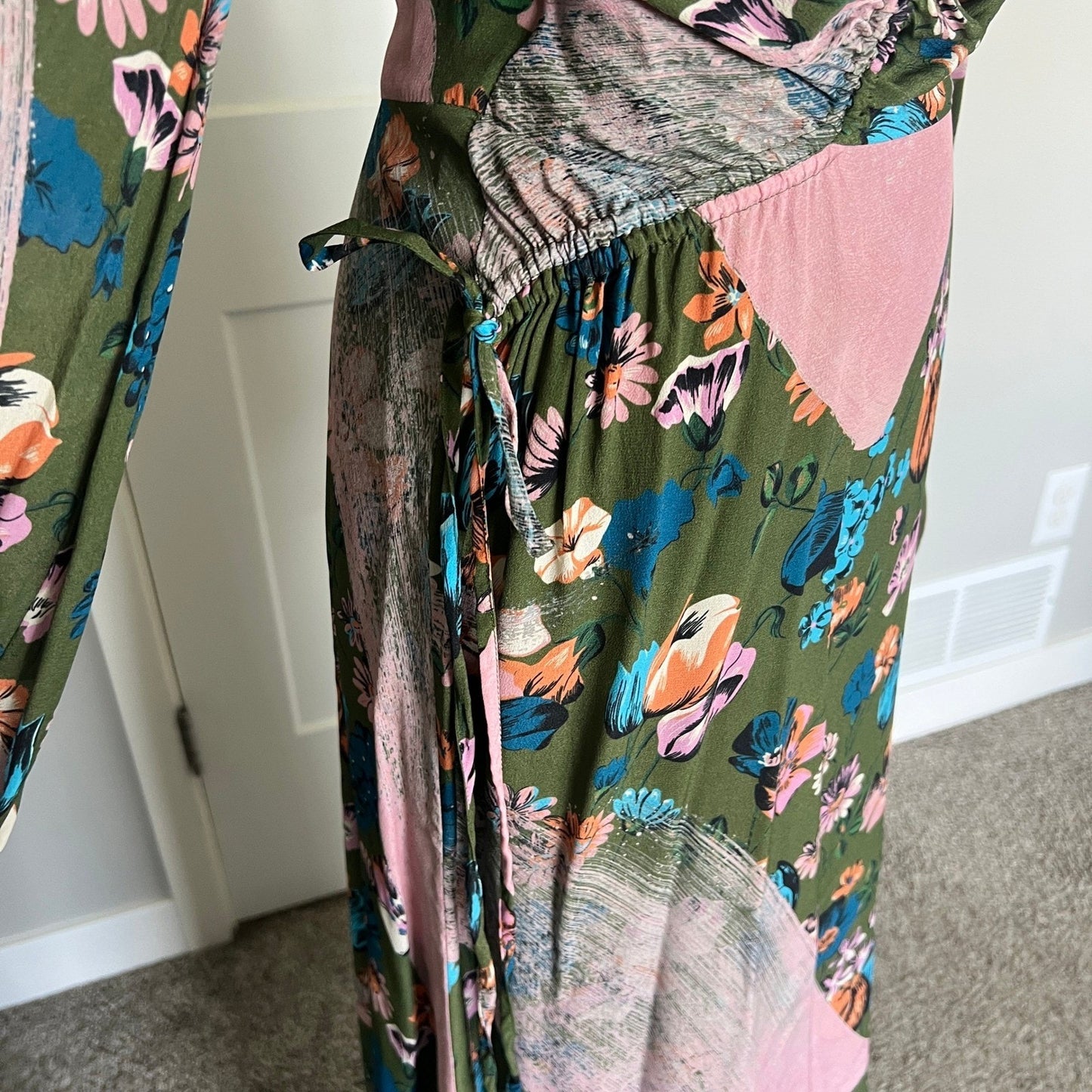 House of Holland Maxi Dress Womens 4 Green Floral Ruched Long Sleeve Boho Gown