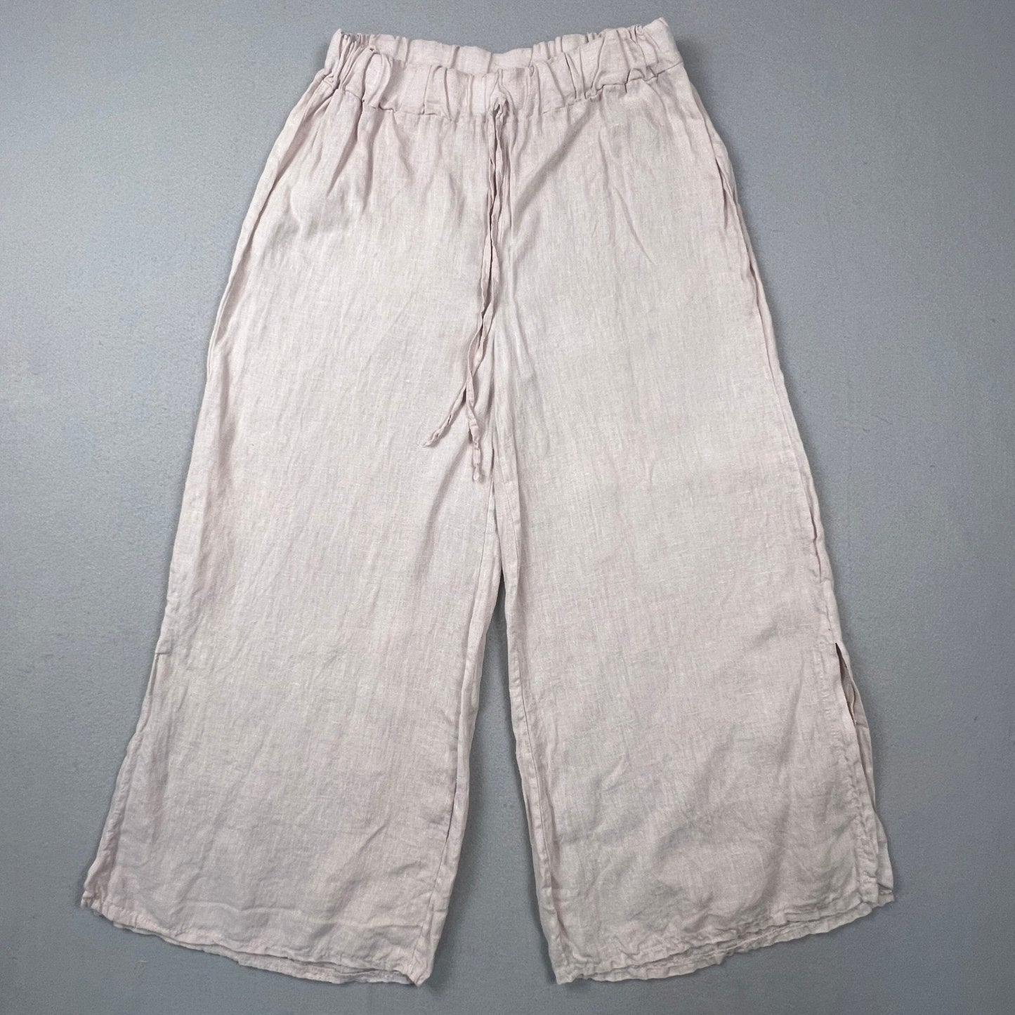 Meo Meli Linen Wide Leg Pants Womens OS Pink Drawstring Side Slit Made in Italy