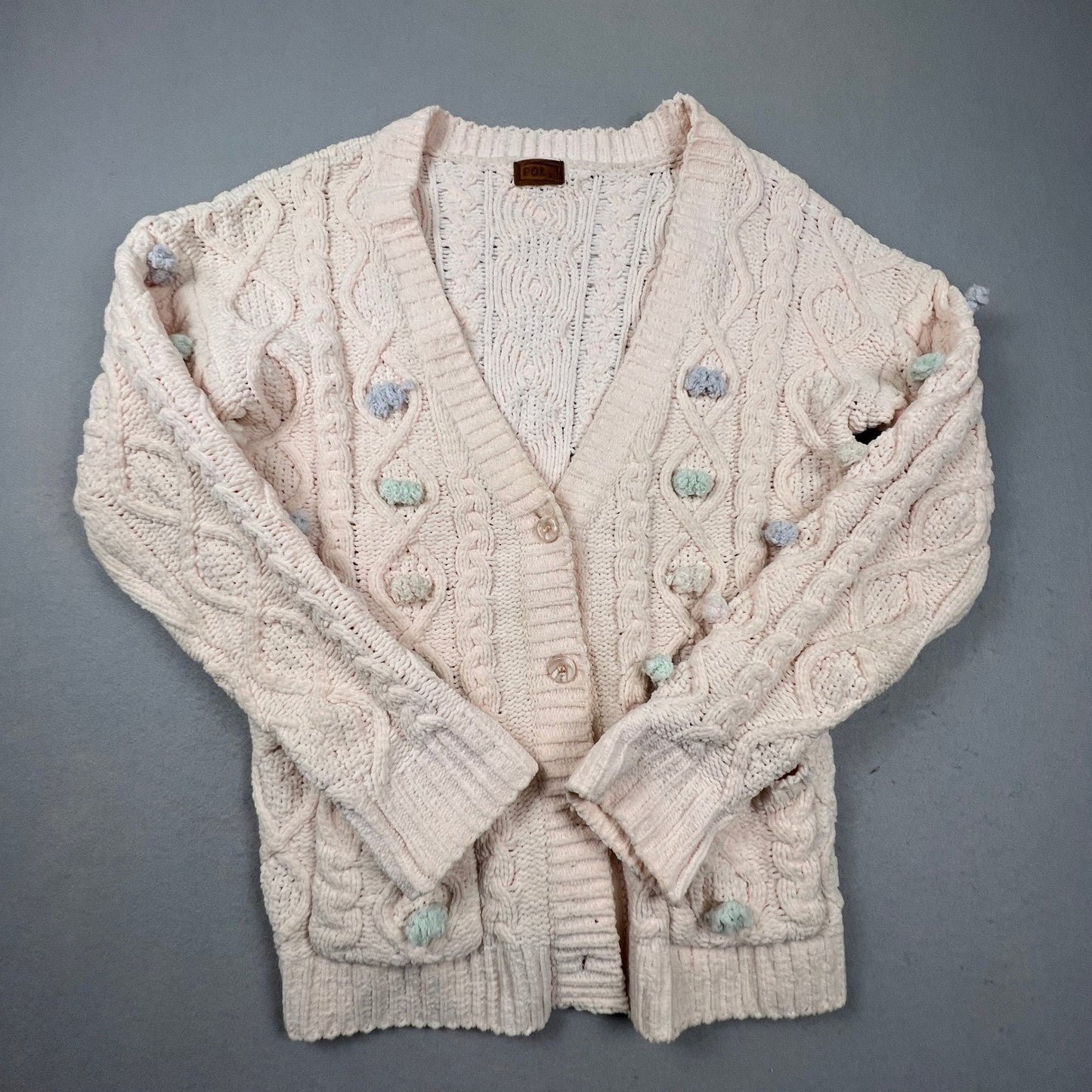 POL Cardigan Sweater Women Medium Cream Chenille Cable Knit Pom Pom Coquette