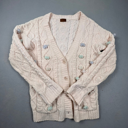 POL Cardigan Sweater Women Medium Cream Chenille Cable Knit Pom Pom Coquette