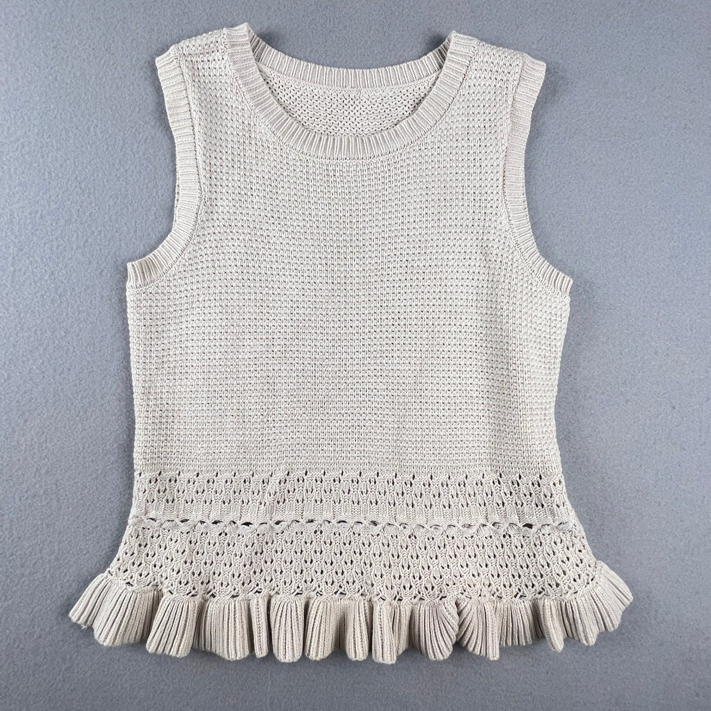 Cicard Knit Tank Top Womens Medium Beige Ruffle Peplum Pointelle Minimalist