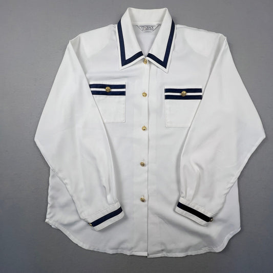 VTG Nautical Gold Button Blouse Crack Tokyo Fashion Button Up Shirt Womens L